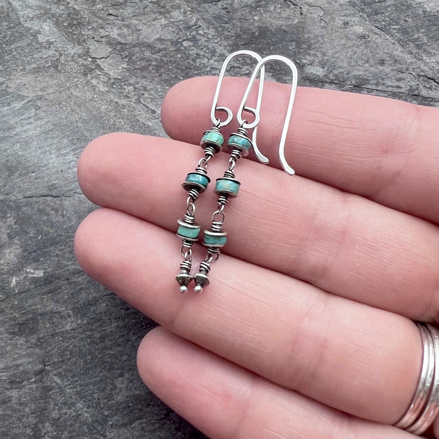 Genuine Turquoise Sterling Silver Earrings | Natural Stone Wire-wrapped Beads Dangle Earrings