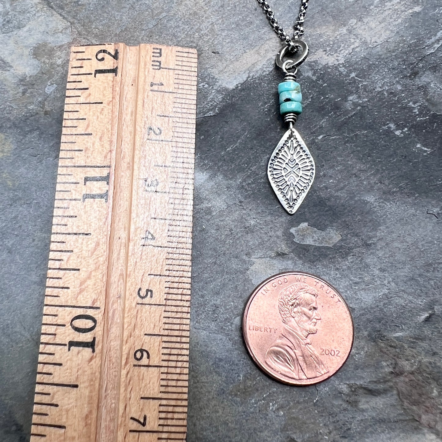 Genuine Turquoise Sterling Silver Necklace | Natural Stone Beads with Stamped Pendant