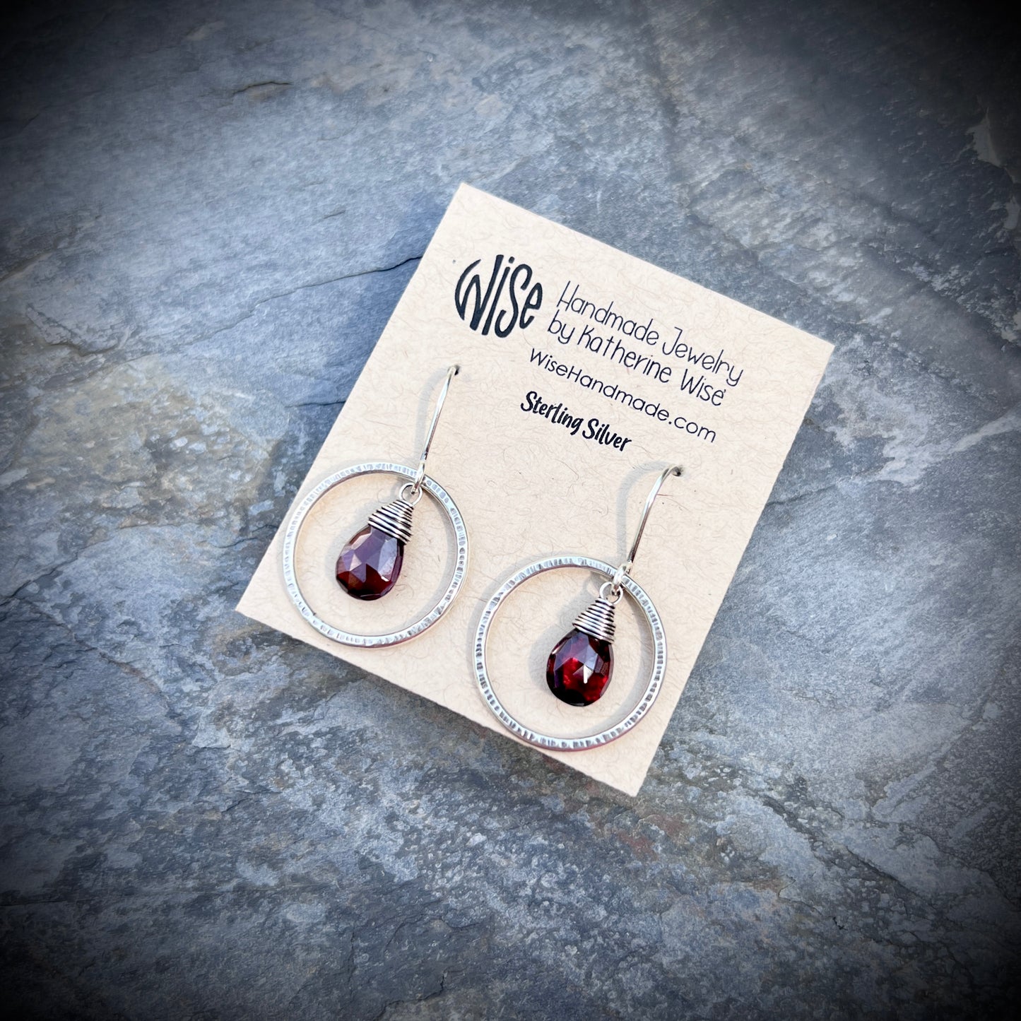 Genuine Garnet Sterling Silver Earrings | Deep Red Teardrops in Hammered Hoops