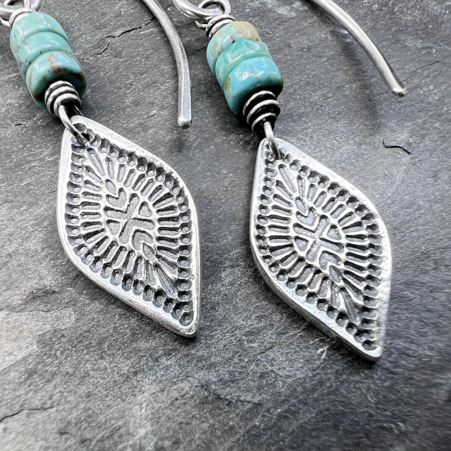 Genuine Turquoise Sterling Silver Earrings | Natural Stone Beads with Stamped Silver Dangle