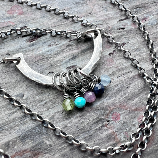 Customizable Sterling Silver Birthstone Necklace | Genuine Gem Charms on Hammered Curve Pendant