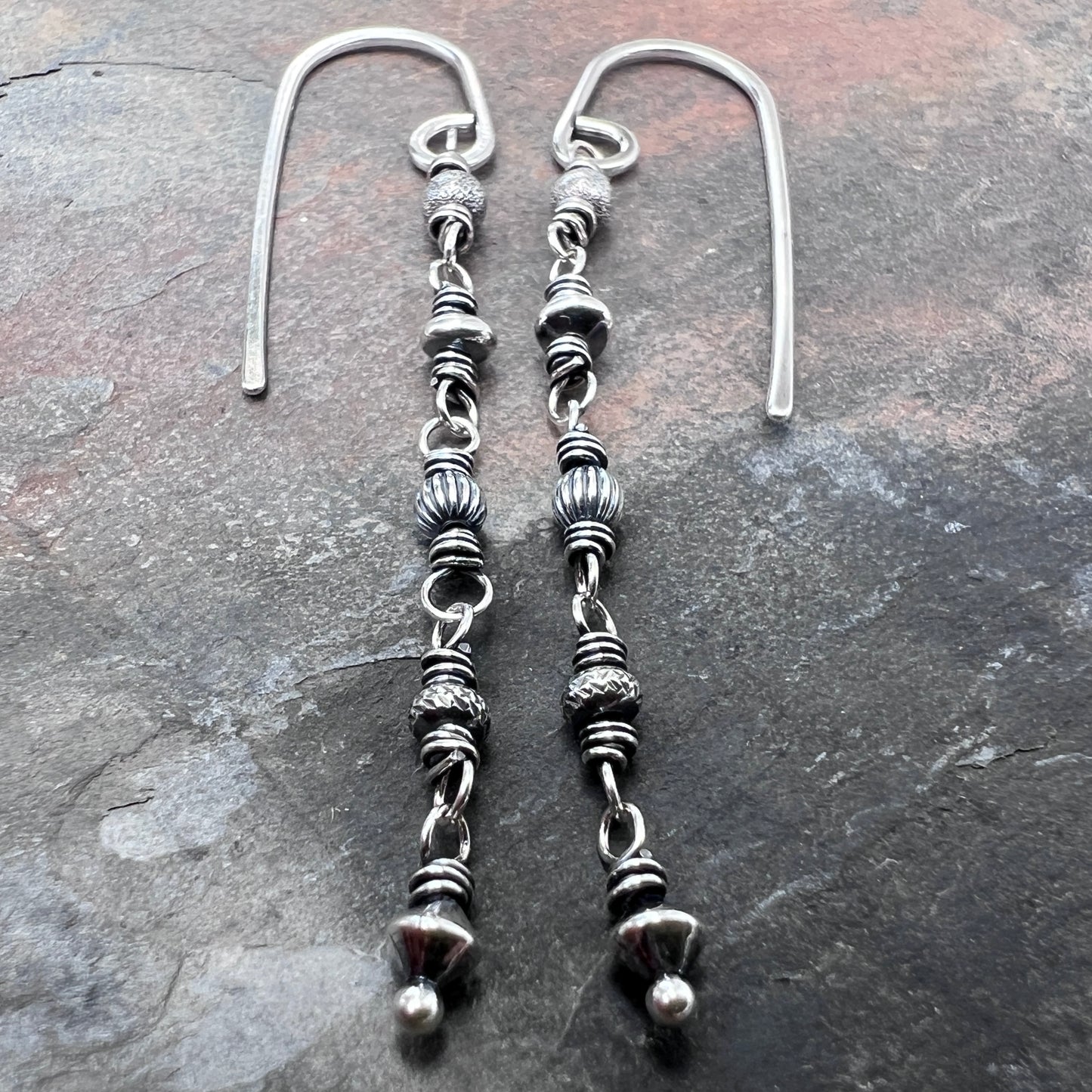 Sterling Silver Beaded Earrings | Wire-wrapped Lightweight Long Dangles