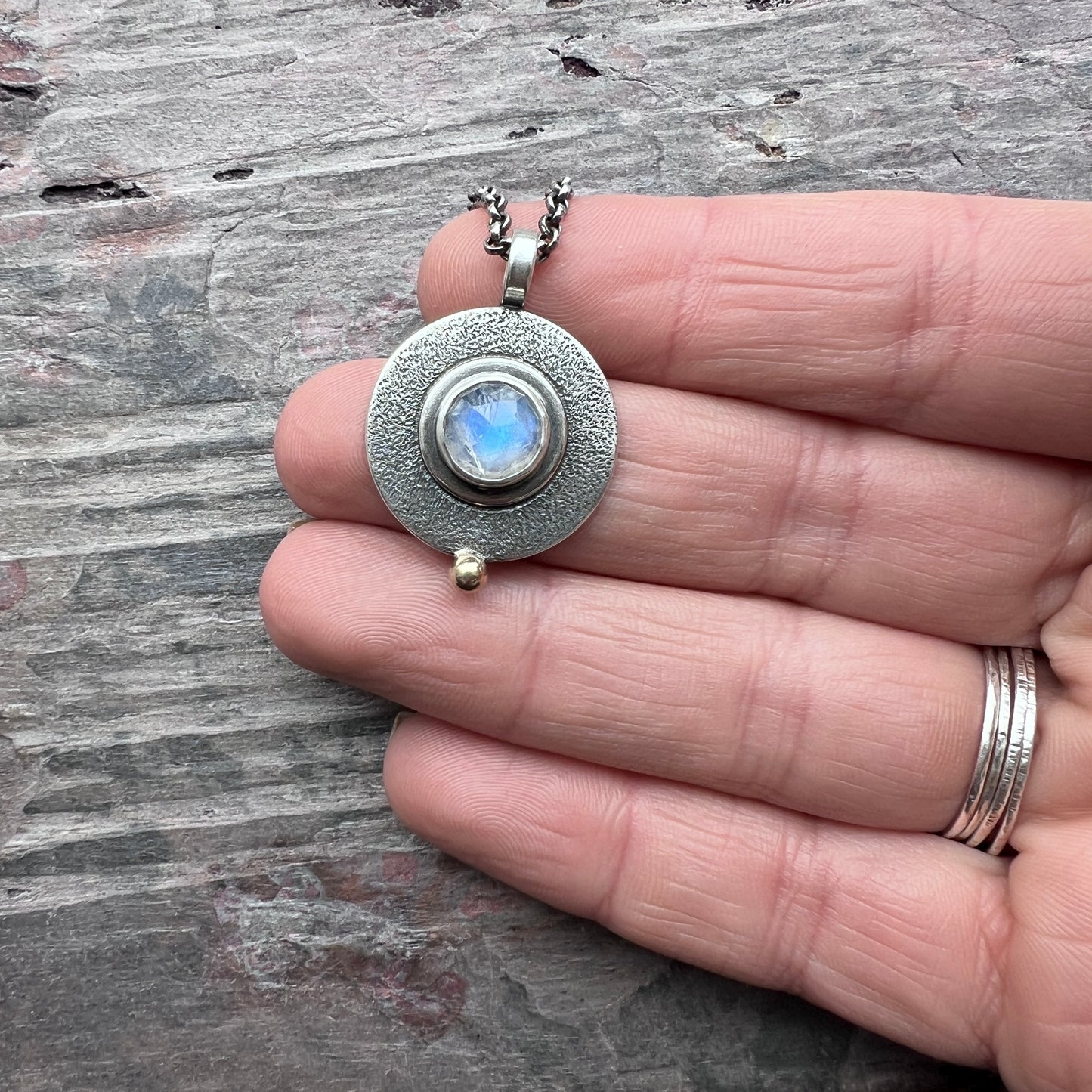 Rainbow Moonstone Sterling Silver Necklace | Circle Rainbow Moonstone Pendant Necklace