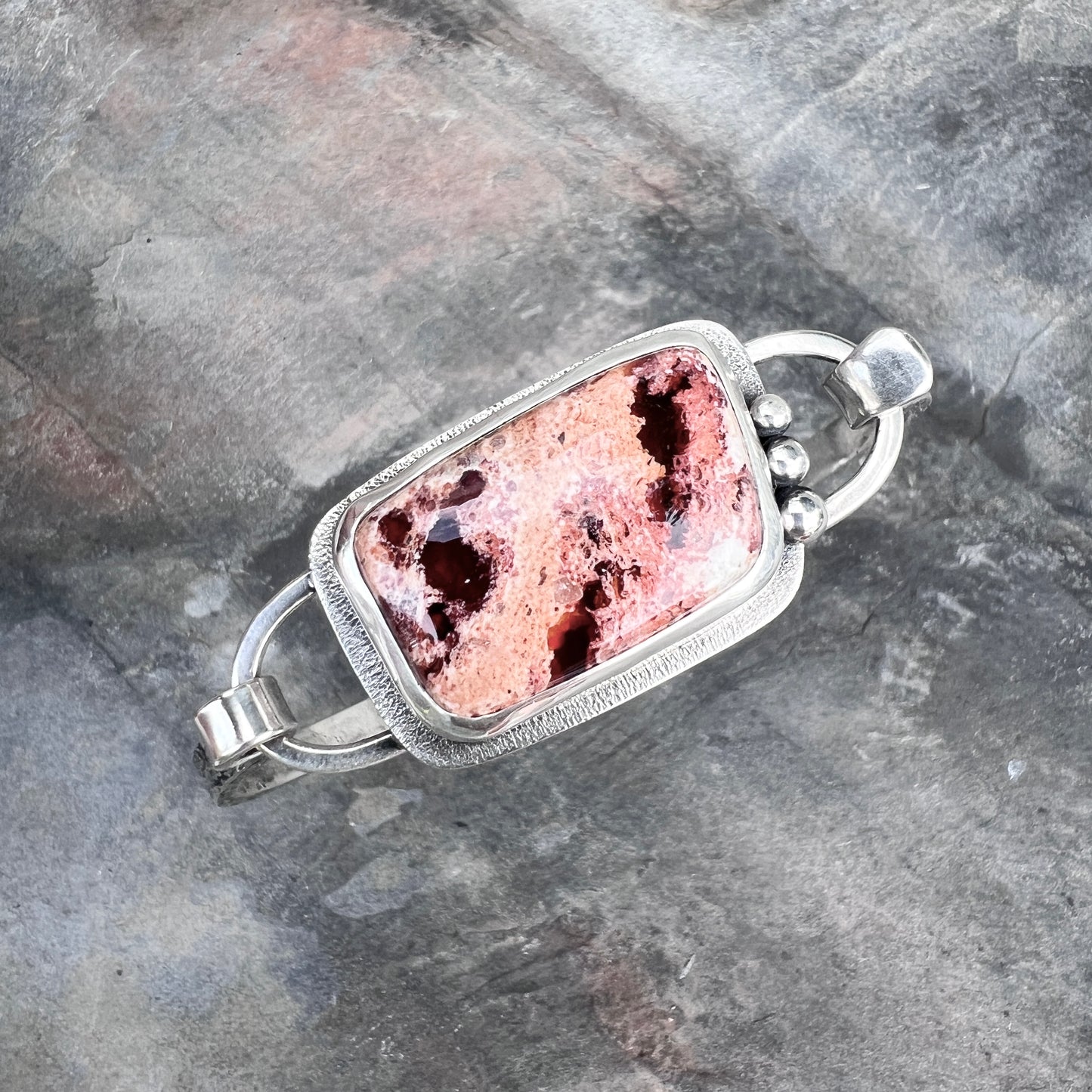 Sterling Silver Mexican Fire Opal Bracelet | Natural Stone Cabochon Silver Tension Cuff Bracelet