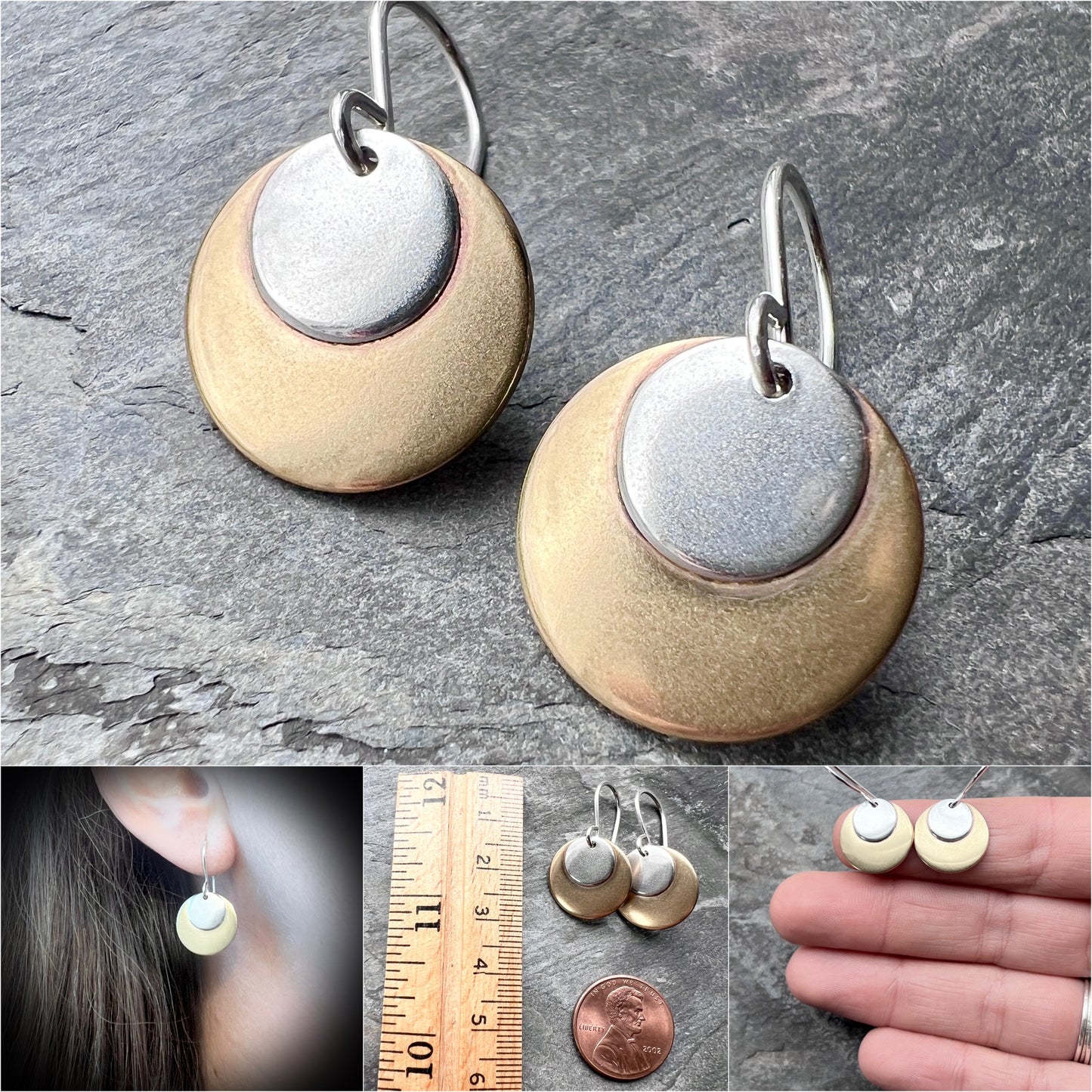 Sterling Silver and Golden Brass Earrings | Mixed Metal Layered Circle Dangles