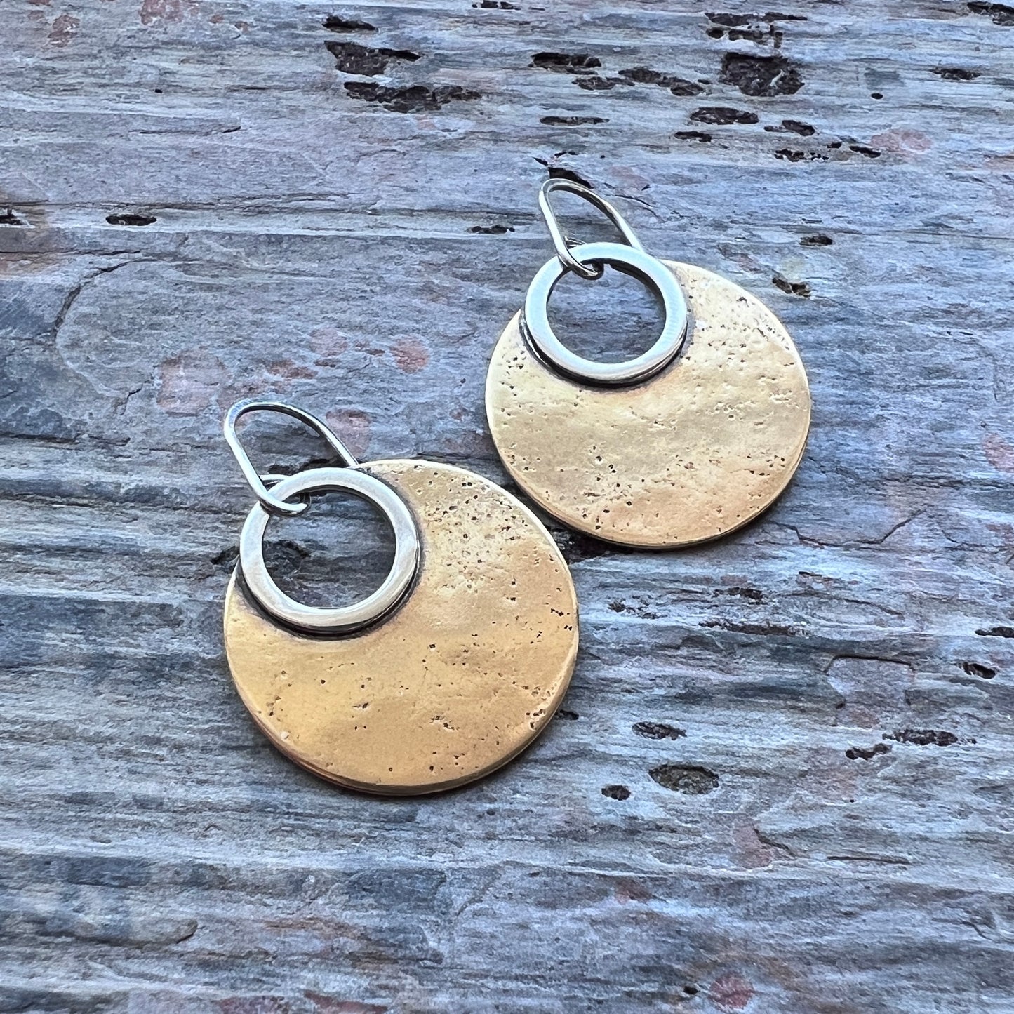 Sterling Silver and Gold Brass Earrings | Mixed Metal Modern Circle Dangle Earrings