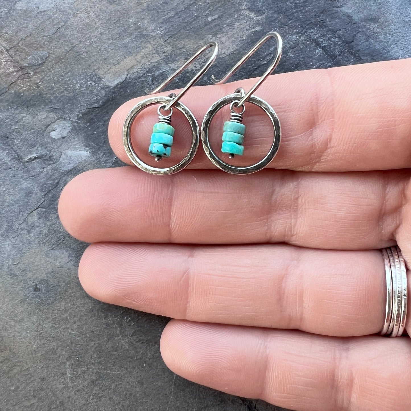 Turquoise Sterling Silver Earrings - Genuine Turquoise in Hammered Circles