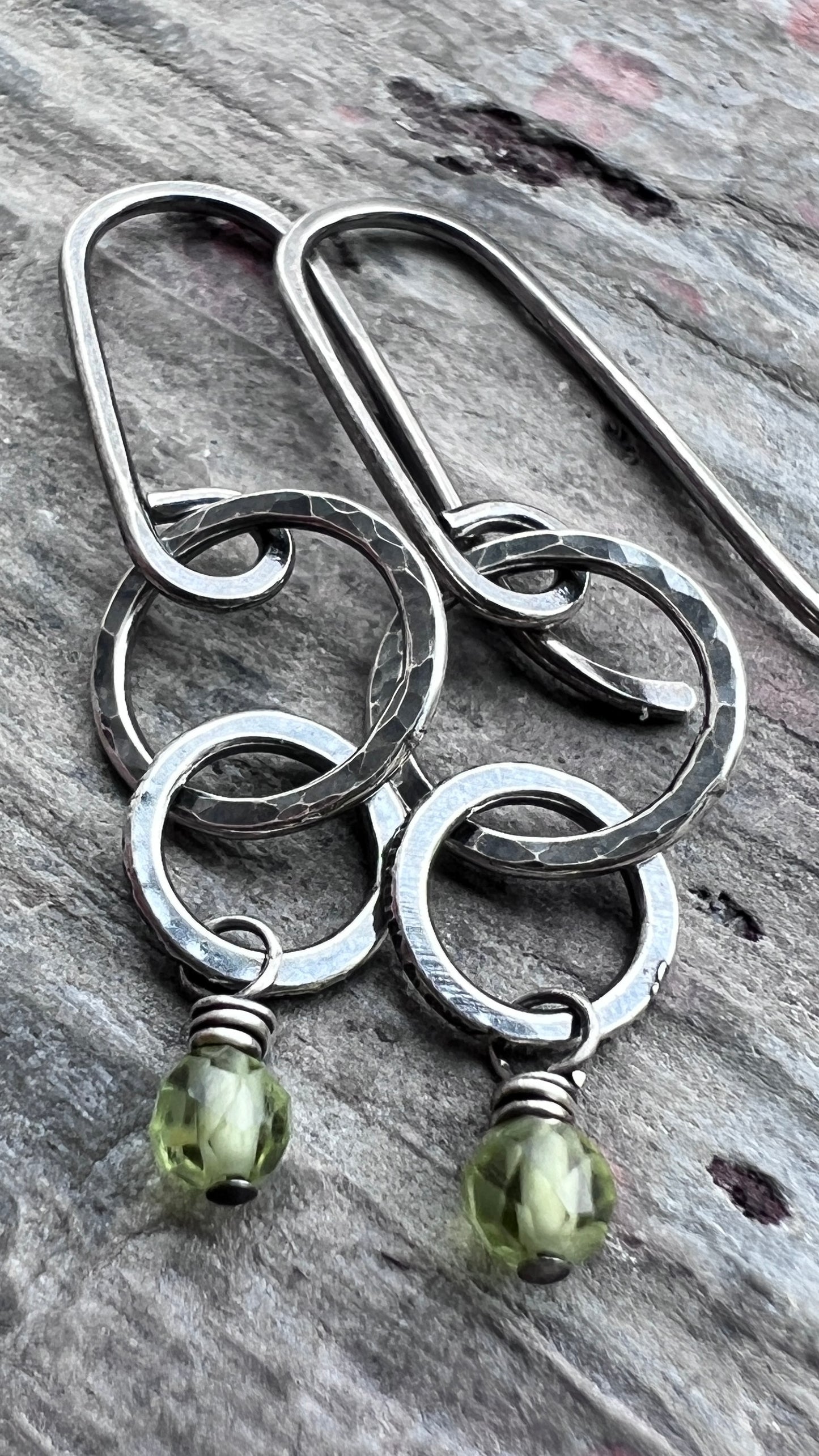Customizable Sterling Silver Birthstone Earrings | Genuine Gemstone and Small Hammered Circles Dangle Earrings