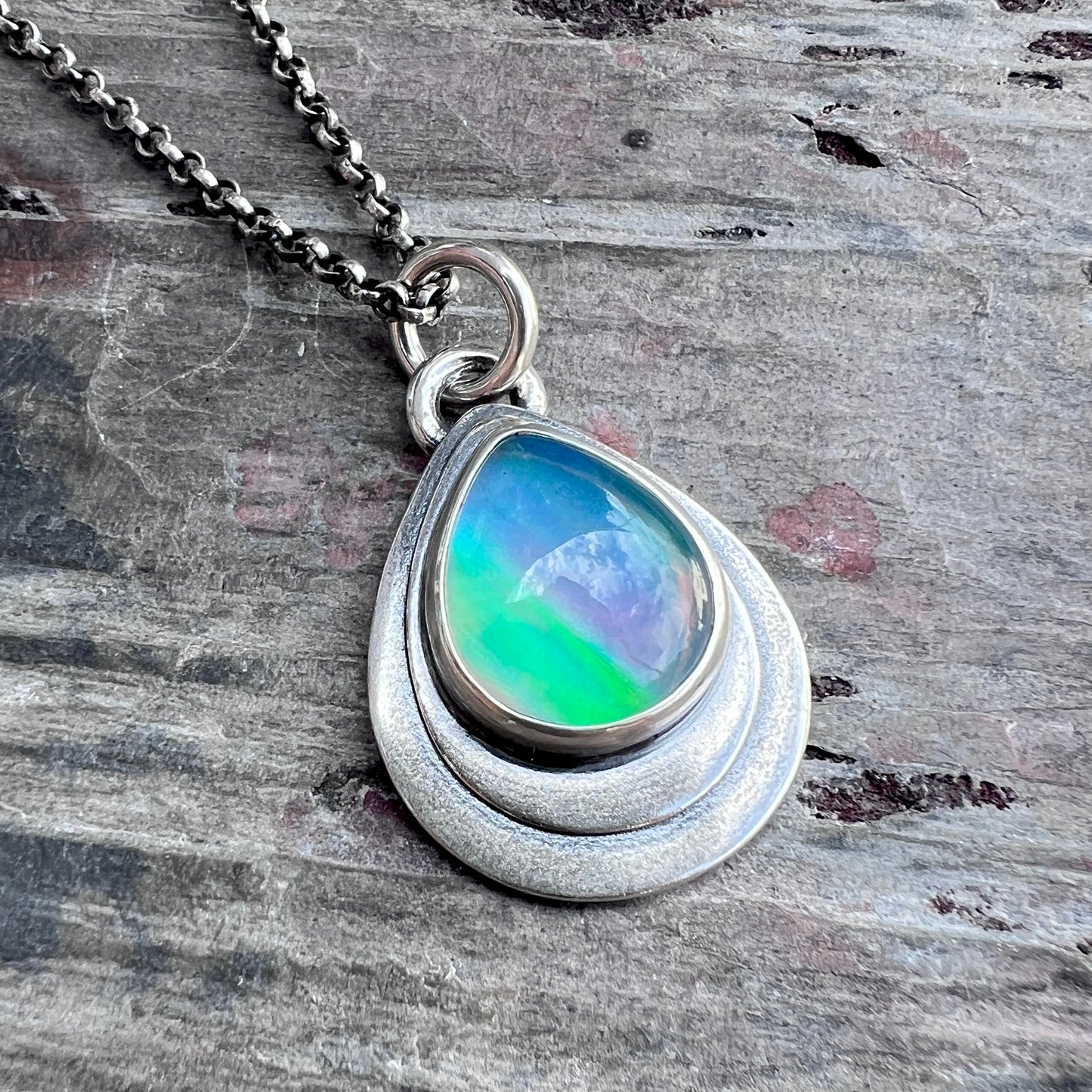 Sterling Silver Aurora Opal Teardrop Pendant Necklace -Stone 2
