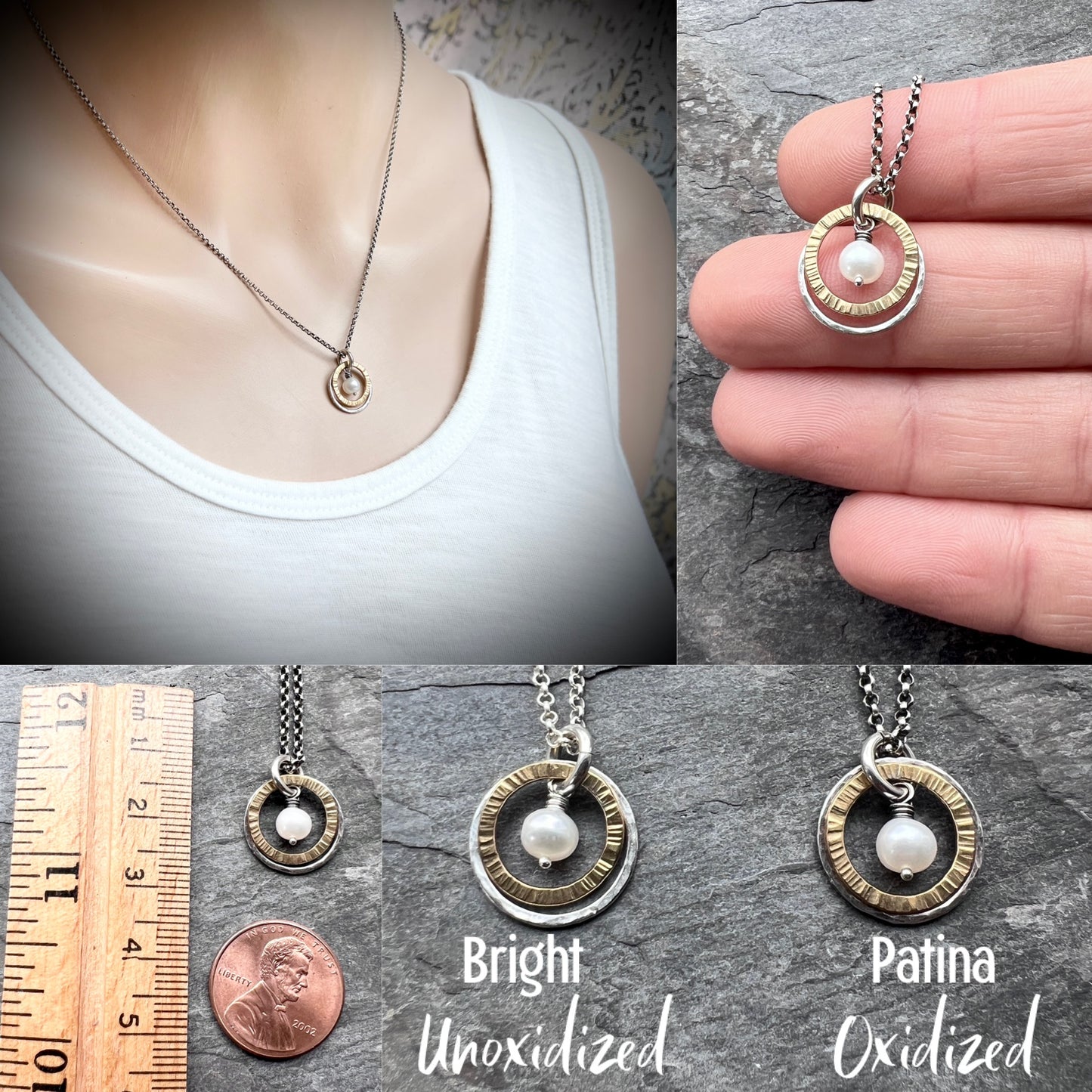 Dainty Pearl Sterling Silver Necklace | Mixed Metal White Pearl Pendant