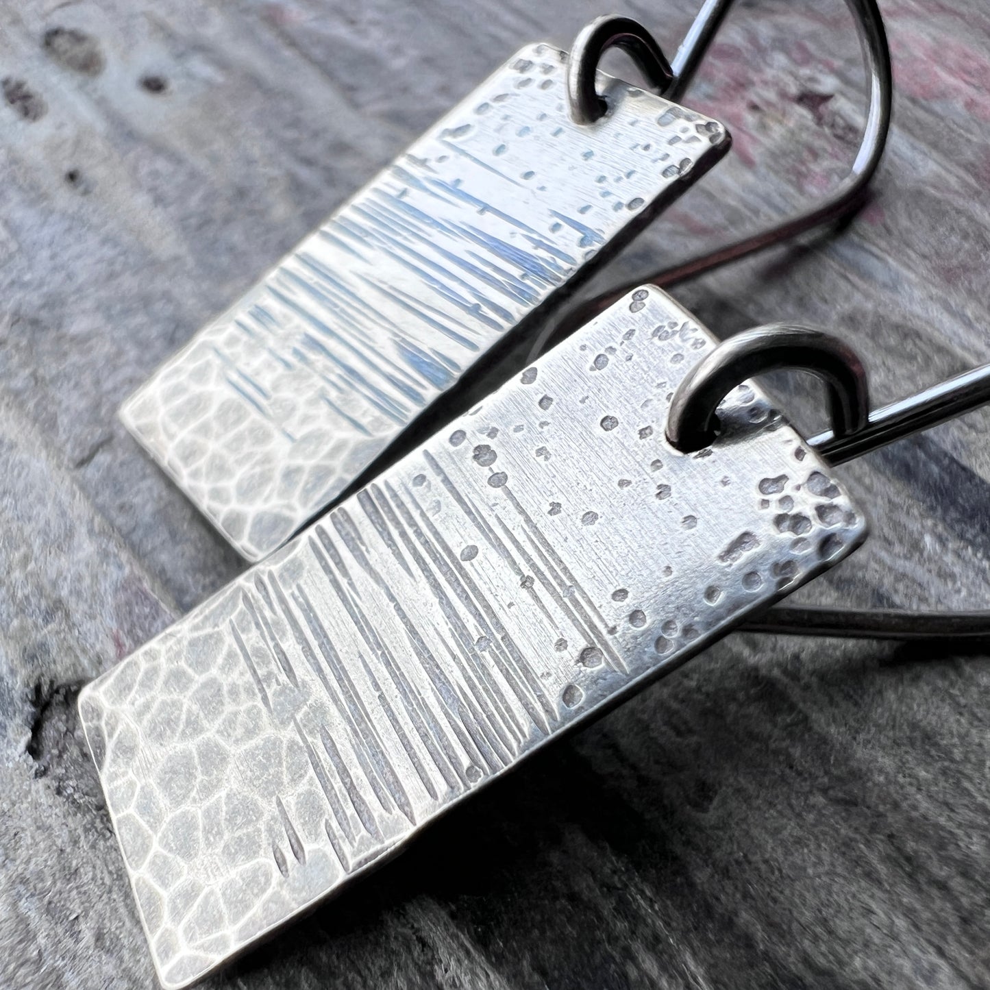 Sterling Silver Hammered Earrings | Artsy Multi Textured Rectangle Earrings