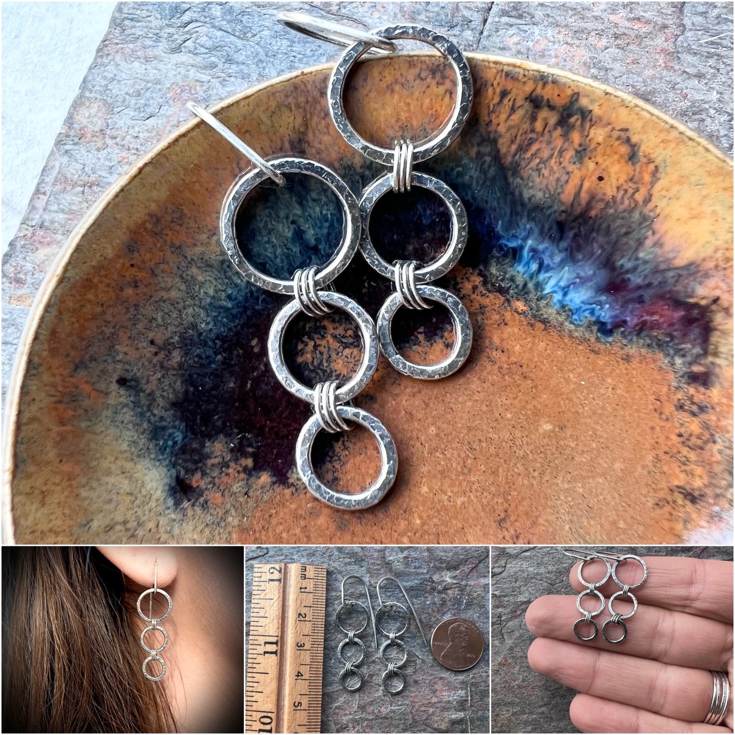 Sterling Silver Rings Earrings Minimalist Hammered Solid Silver Dangle Earrings