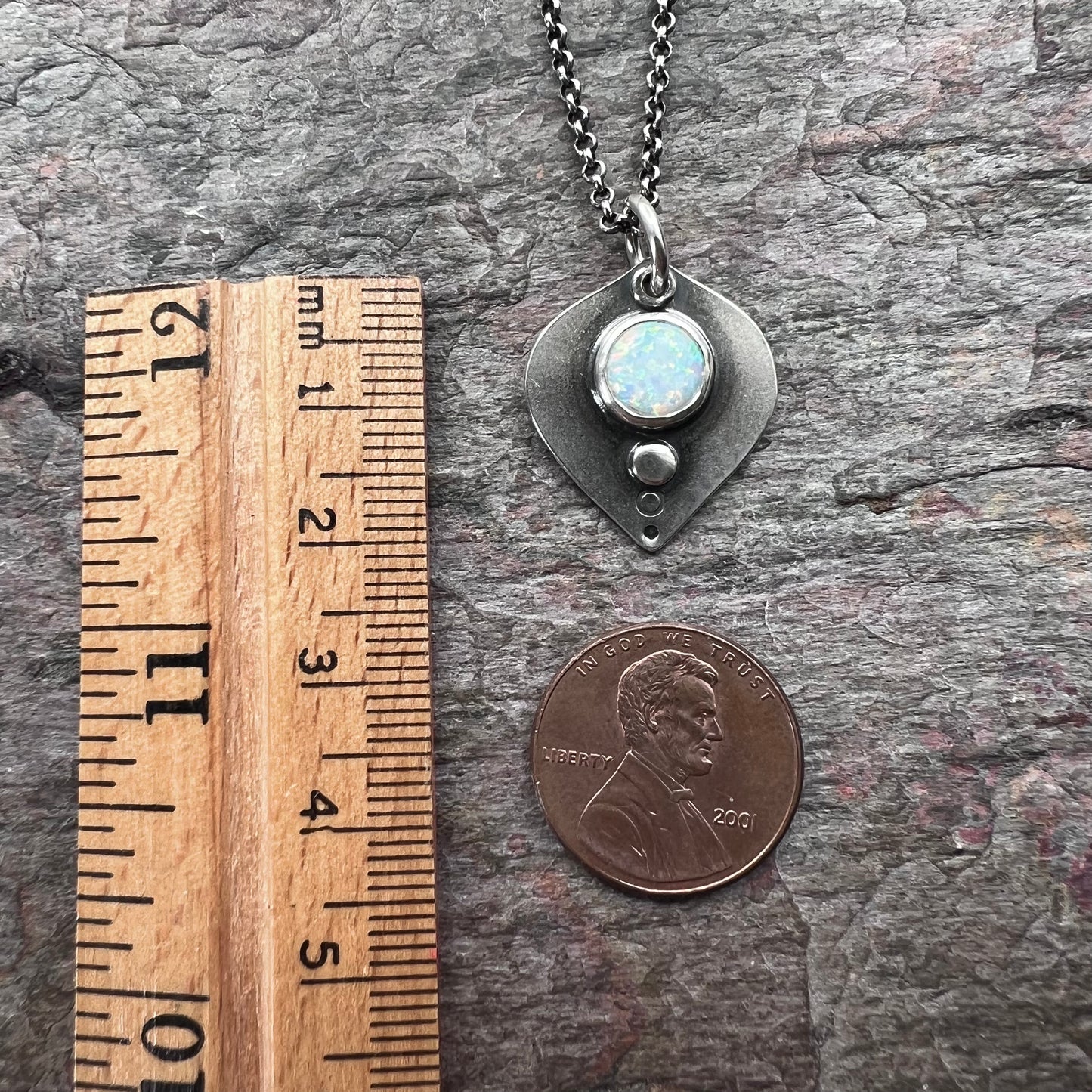 Sterling Silver Simulated Opal Necklace - Handmade Opal Petal Pendant on Sterling Silver Chain
