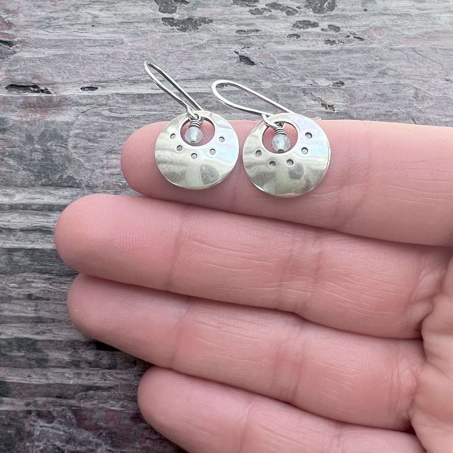 Customizable Sterling Silver Birthstone Earrings | Genuine Gemstone and Stamped Circle Dangle Earrings