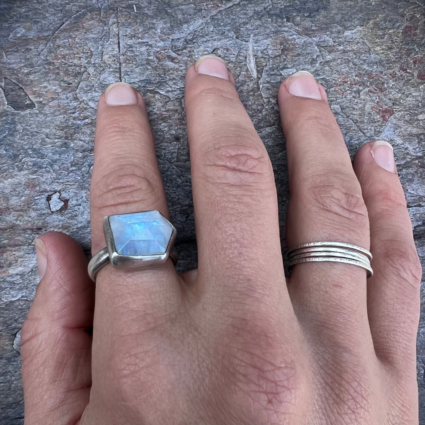 Rainbow Moonstone Sterling Silver Ring - Handmade One-of-a-kind Rainbow Moonstone Ring on Silver Silver Band - Size 8.75