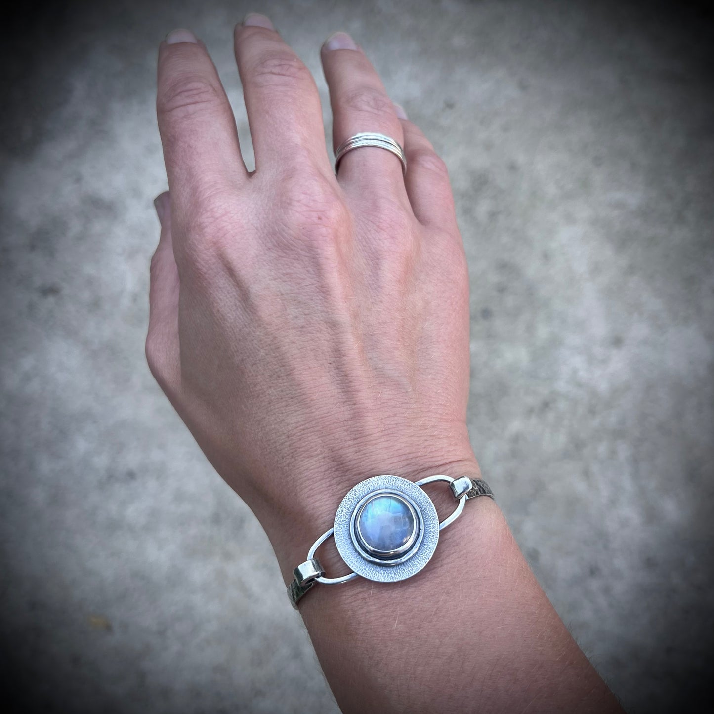 Rainbow Moonstone Sterling Silver Bracelet - Handmade One-of-a-kind Tension Cuff Bracelet