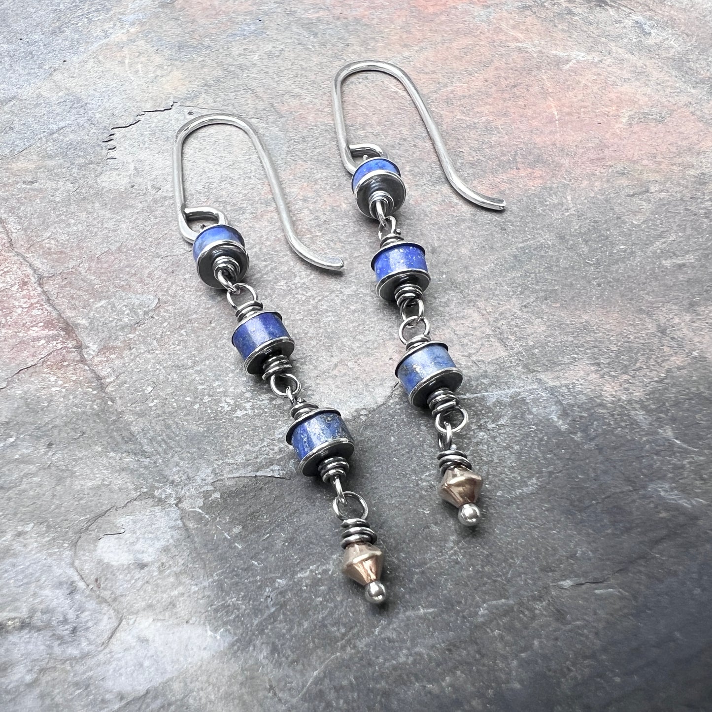 Sterling Silver Lapis Lazuli Earrings | Blue Natural Stone Wire-wrapped Dangle Earrings