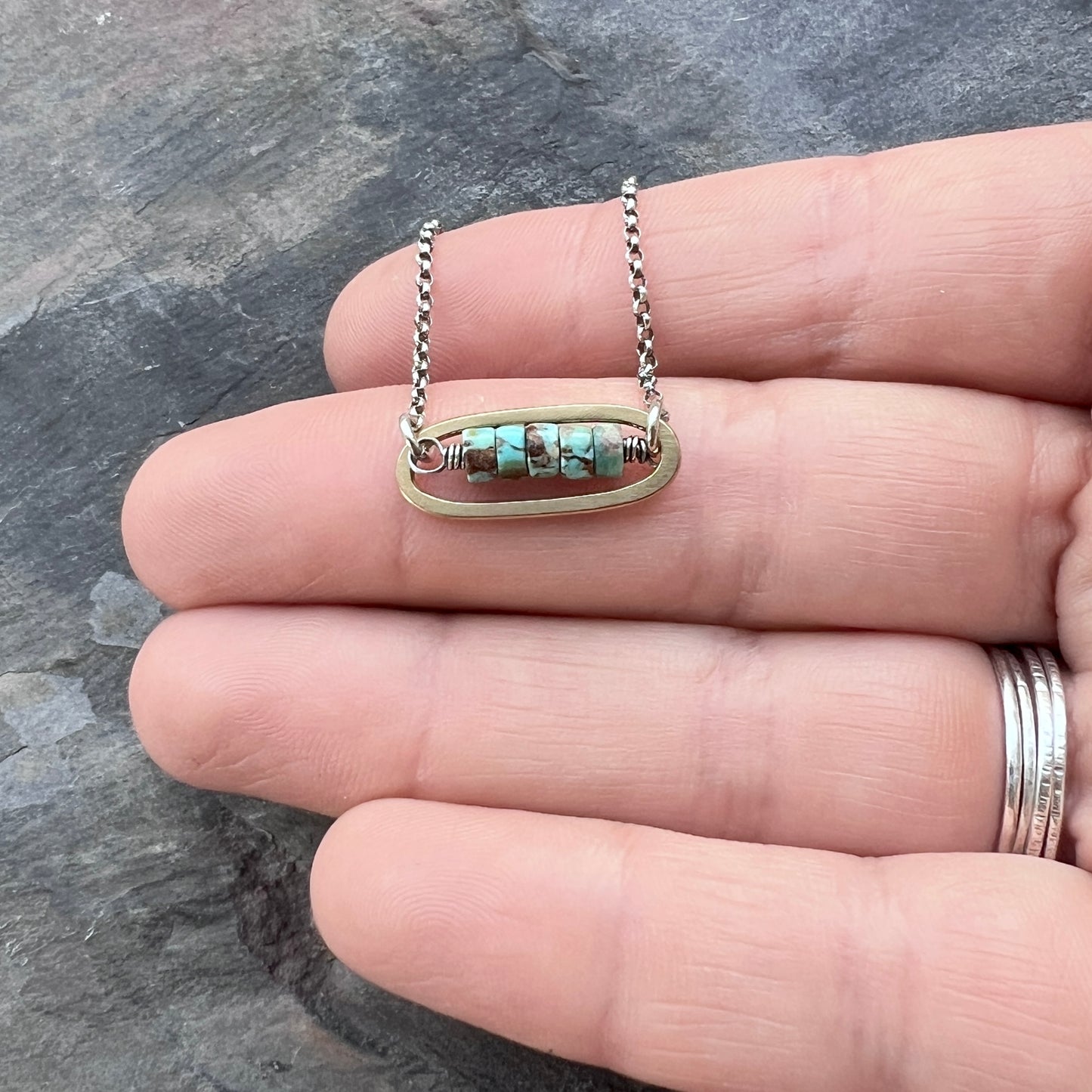 Turquoise Sterling Silver Necklace | Mixed Metal Brown Matrix Turquoise Small Pendant