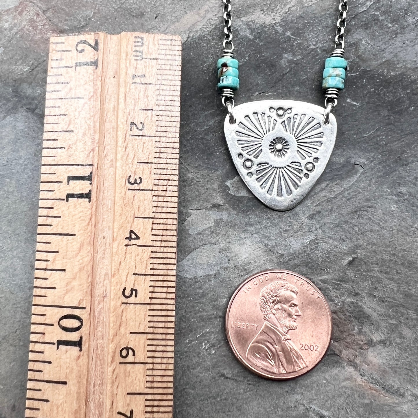 Genuine Turquoise Sterling Silver Necklace | Natural Stone and Stamped Triangular Pendant