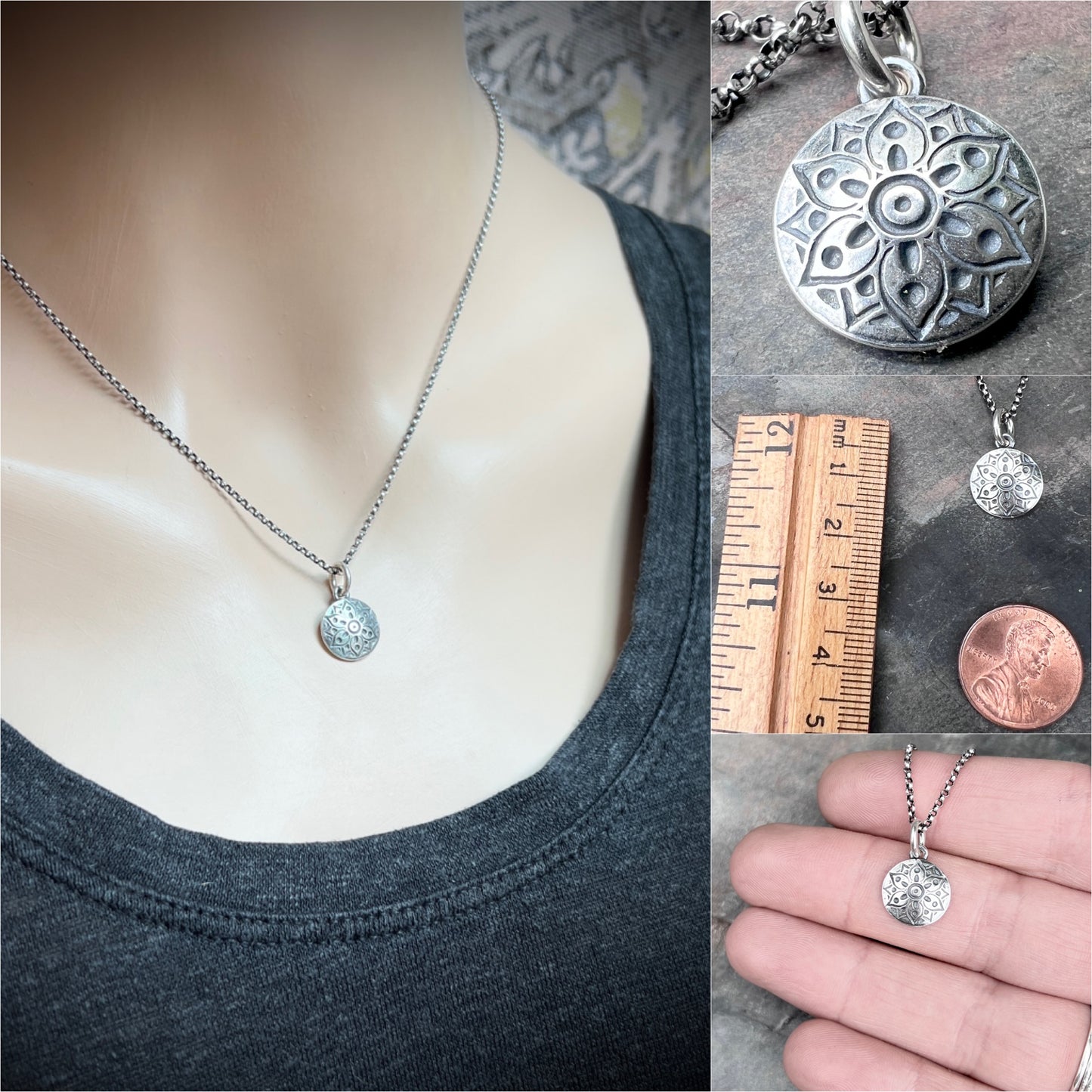 Sterling Silver Small Flower Medallion Necklace | Stamped Silver Circle Pendant on Lightweight Chain