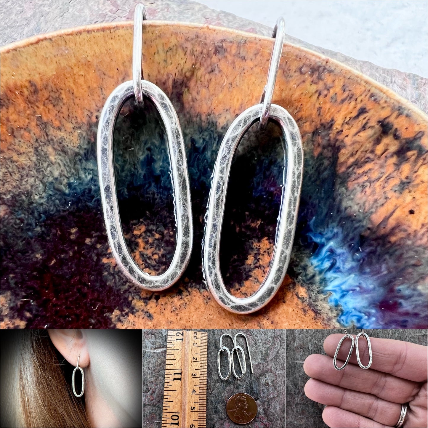 Long Link Sterling Silver Earrings Minimalist Solid Silver Hammered Dangle Drop Earrings