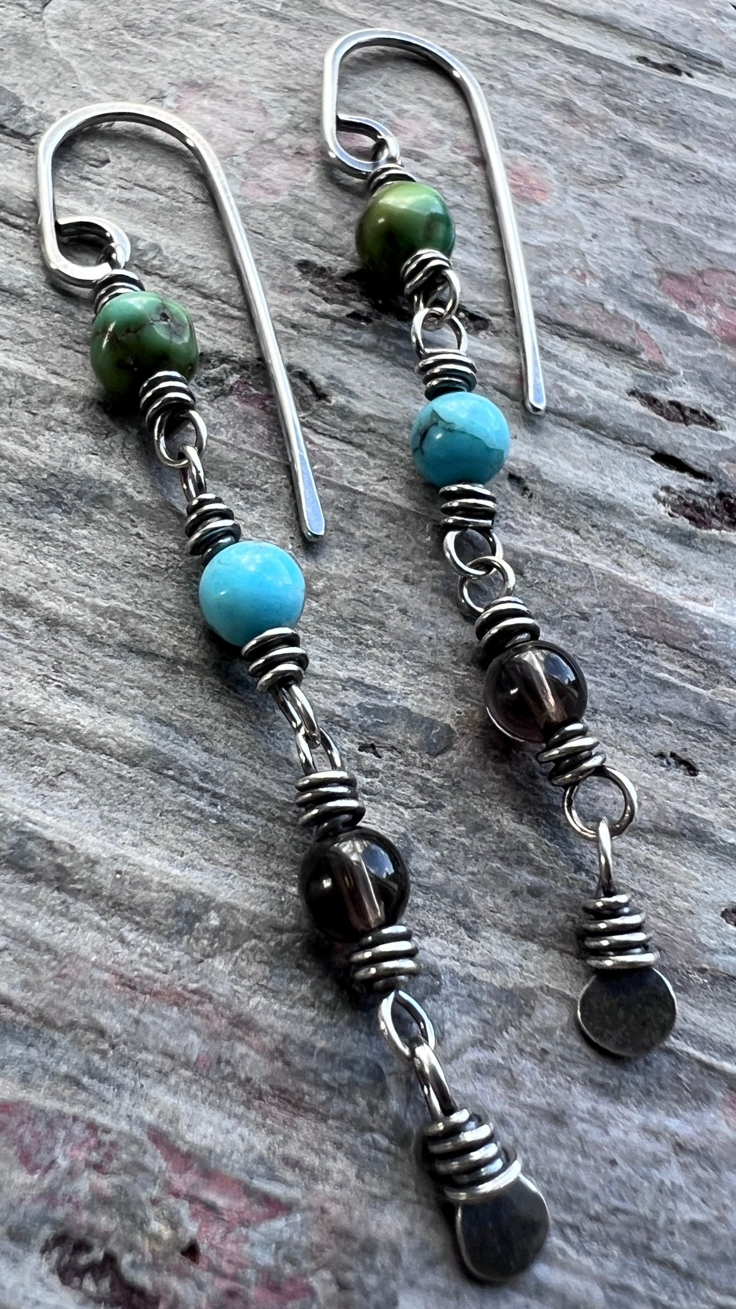 Sterling Silver Turquoise and Smoky Quartz Earrings | Natural Stone Long Dangle Earrings