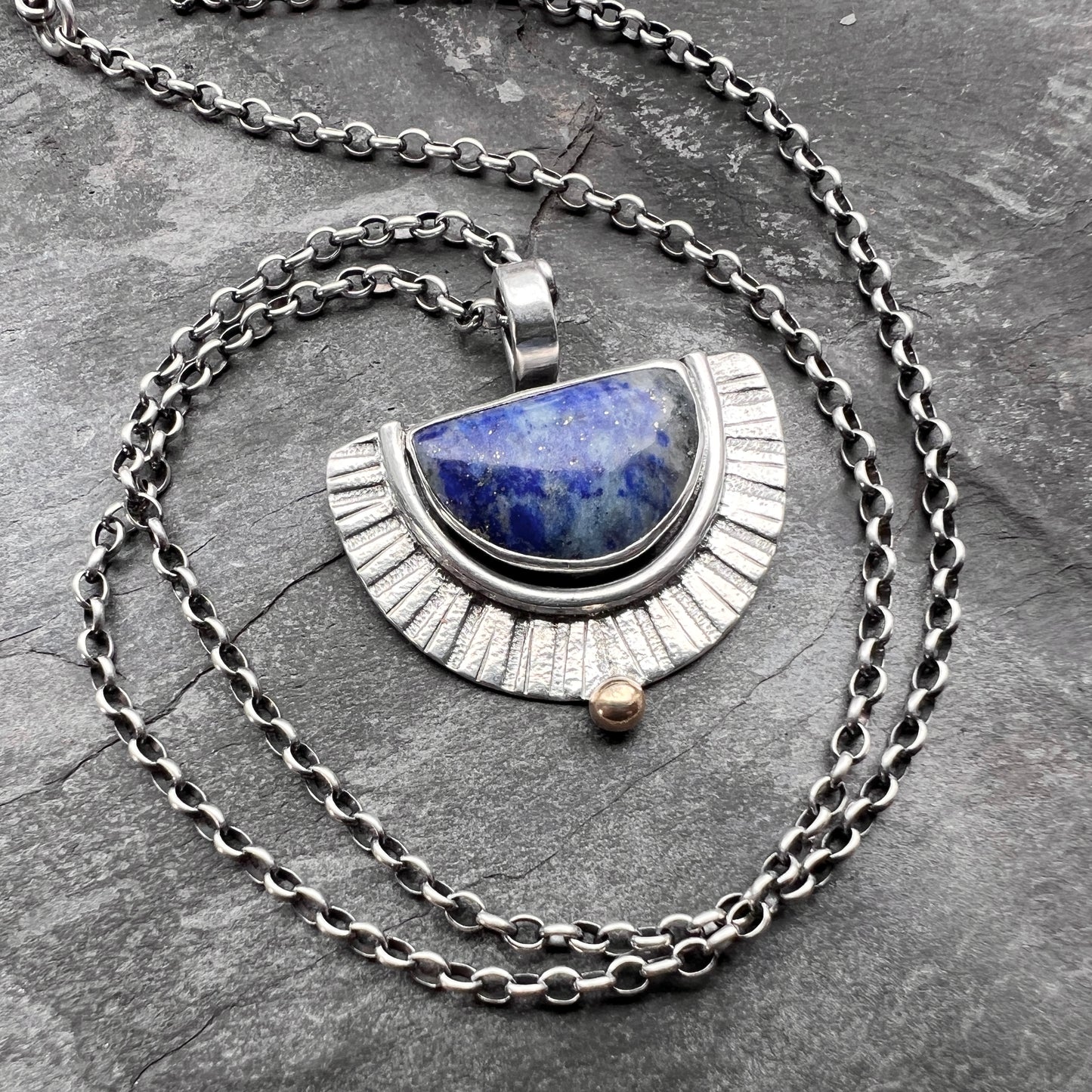 Sterling Silver Lapis Lazuli Necklace | Blue Natural Stone Half Moon Pendant