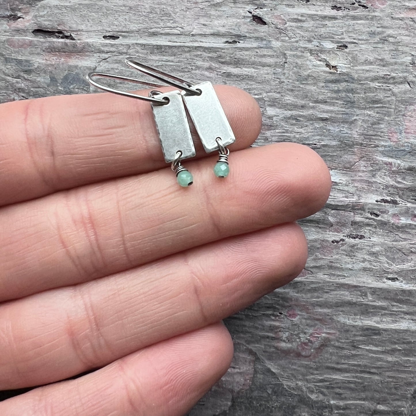 Customizable Sterling Silver Birthstone Earrings | Tiny Genuine Gemstone on Small Silver Bar Dangle Earrings