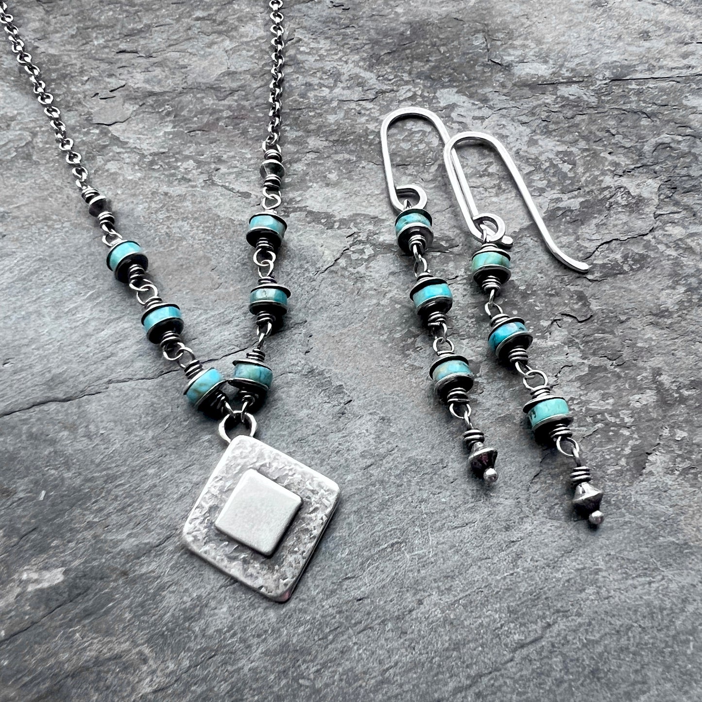 Genuine Turquoise Sterling Silver Earrings | Natural Stone Wire-wrapped Beads Dangle Earrings