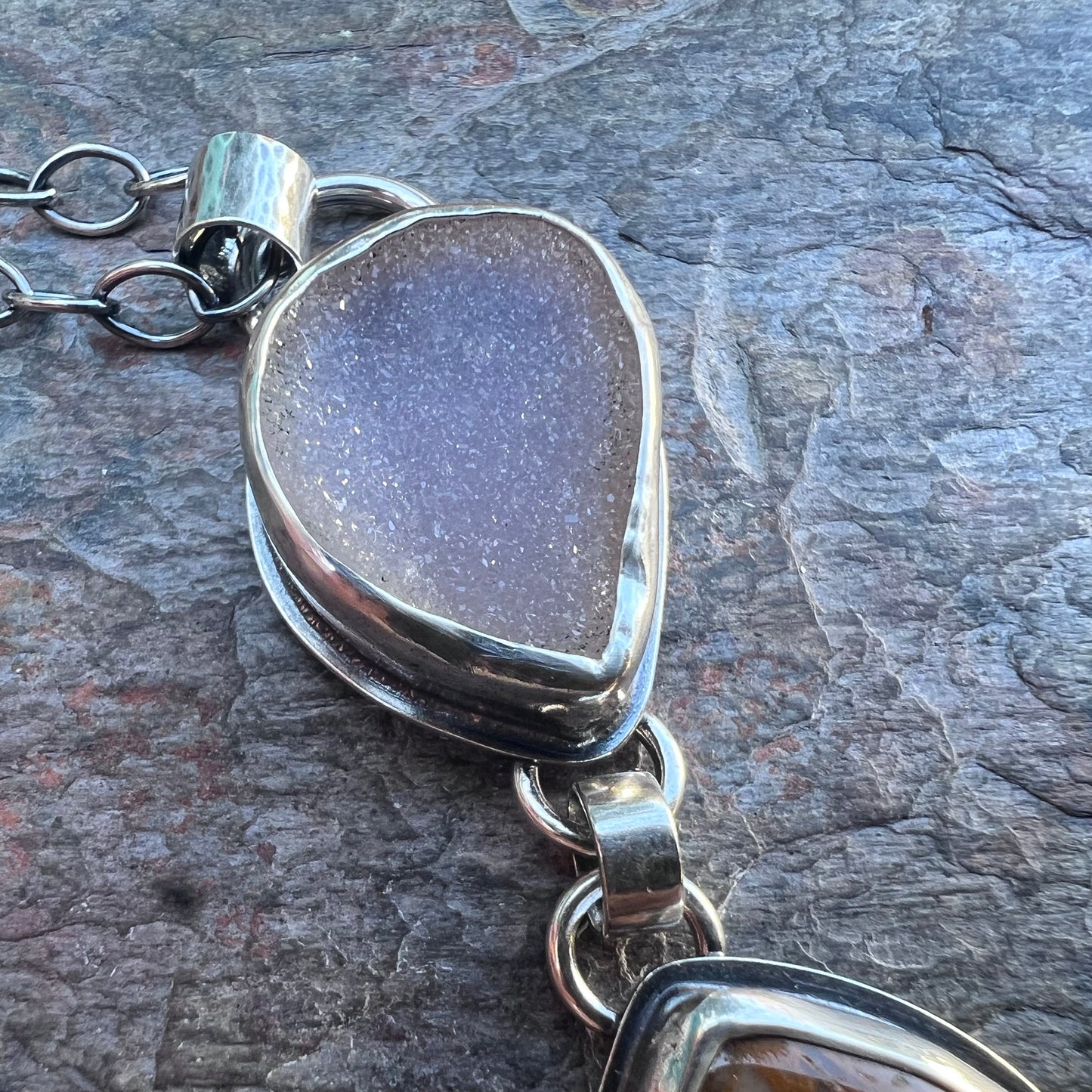 Sterling Silver Ocean Jasper and Druzy Necklace - Handmade One-of-a-kind Pendant on Sterling Silver Chain