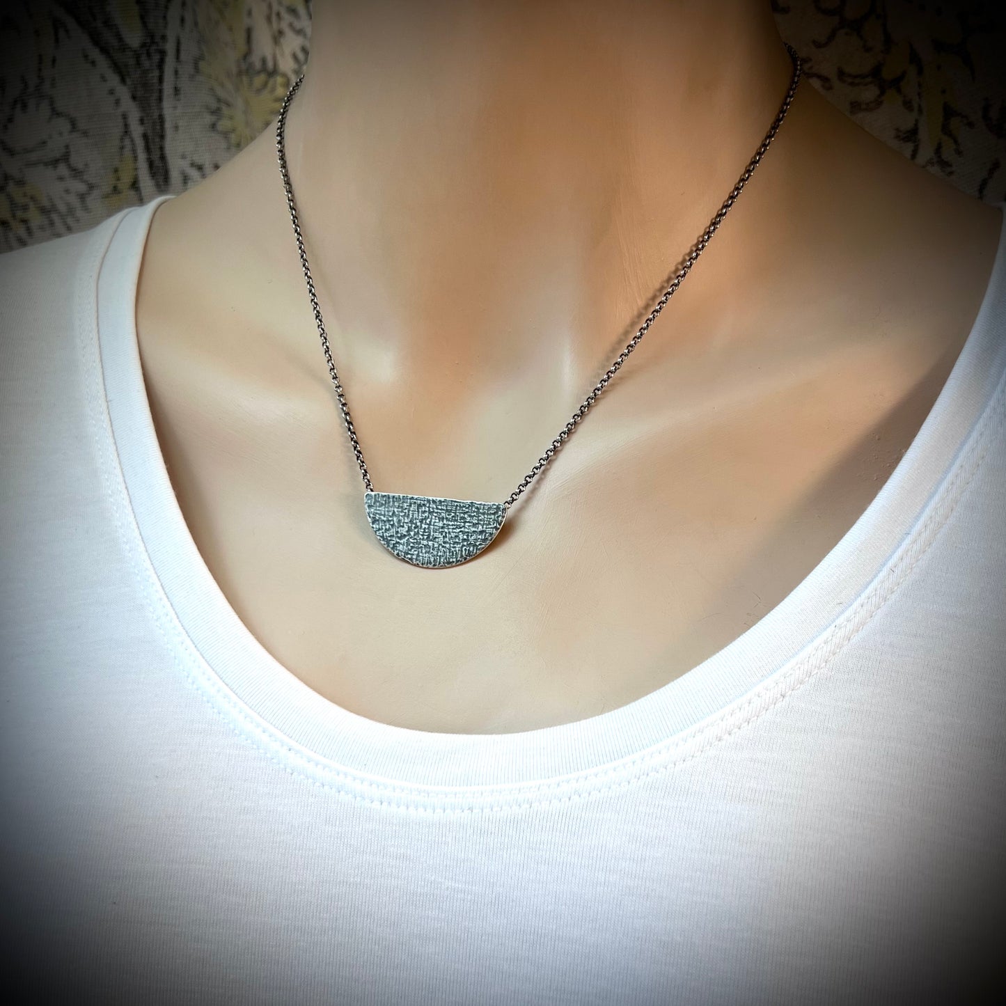 Sterling Silver Semicircle Necklace - Textured Half Moon Sterling Silver Pendant on Sterling Silver Chain