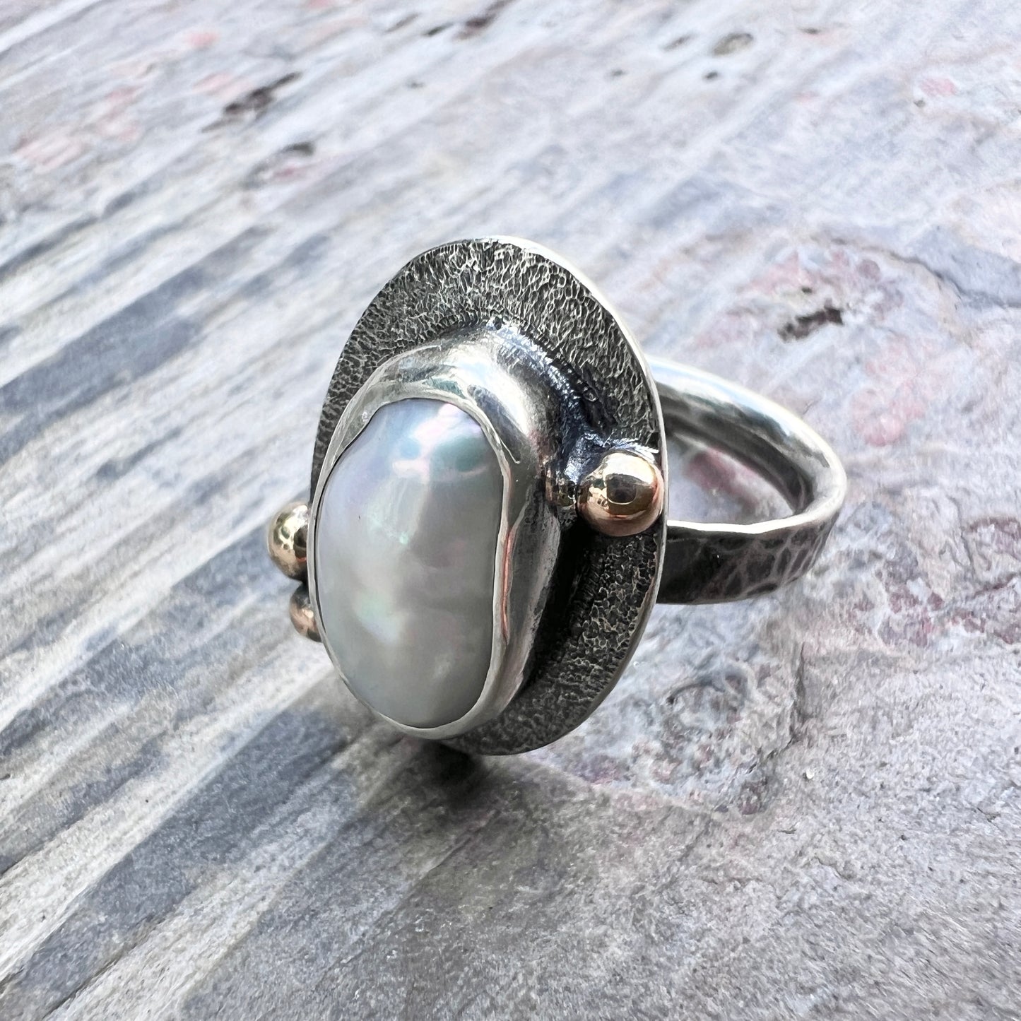 Sterling Silver Baroque Pearl Ring | Genuine Natural Pearl with Golden Brass Accents - Size 7.75