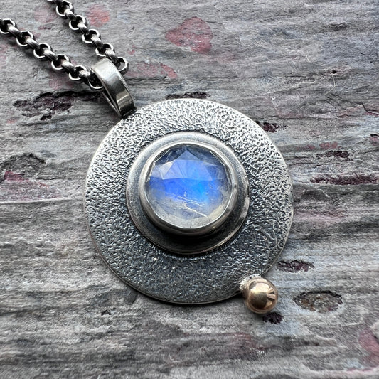 Rainbow Moonstone Sterling Silver Necklace | Circle Rainbow Moonstone Pendant Necklace