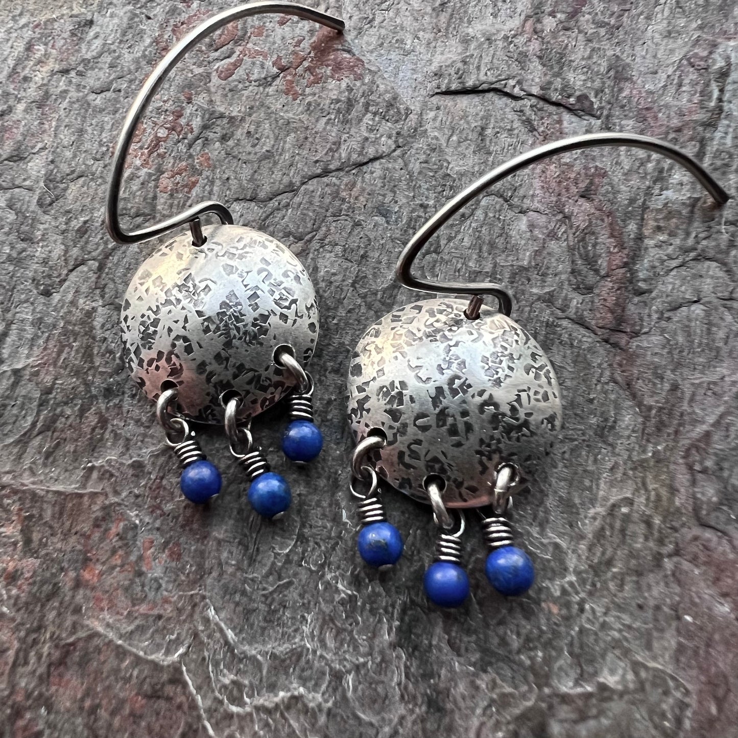 Sterling Silver Lapis Earrings Beaded Genuine Lapis Lazuli and Silver Circle Blue Dangle Earrings
