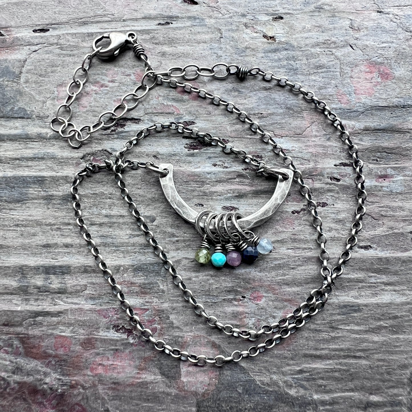 Customizable Sterling Silver Birthstone Necklace | Genuine Gem Charms on Hammered Curve Pendant
