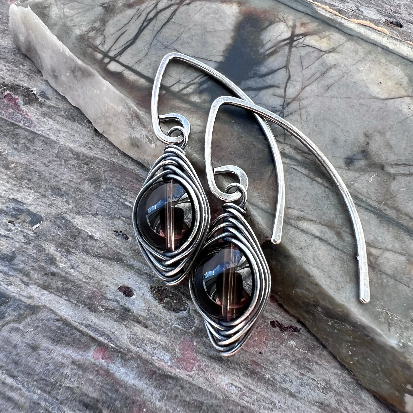 Sterling Silver Smoky Quartz Earrings | Brown Natural Stone Wire-wrapped Dangle Earrings