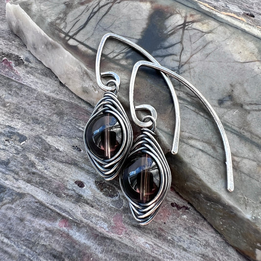 Sterling Silver Smoky Quartz Earrings | Brown Natural Stone Wire-wrapped Dangle Earrings