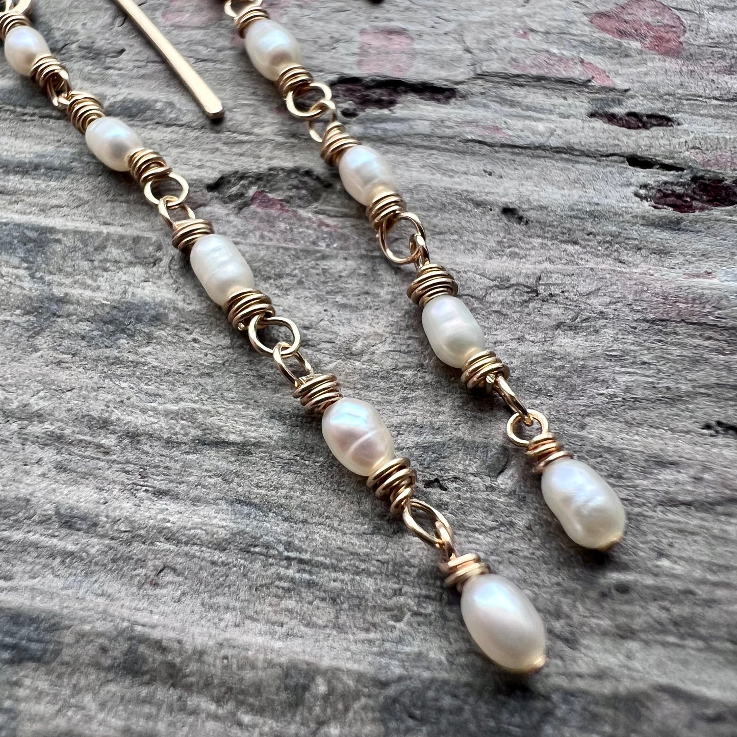 14k Goldfill Pearl Earrings | Long Genuine Pearl Gold or Silver Dangle Earrings
