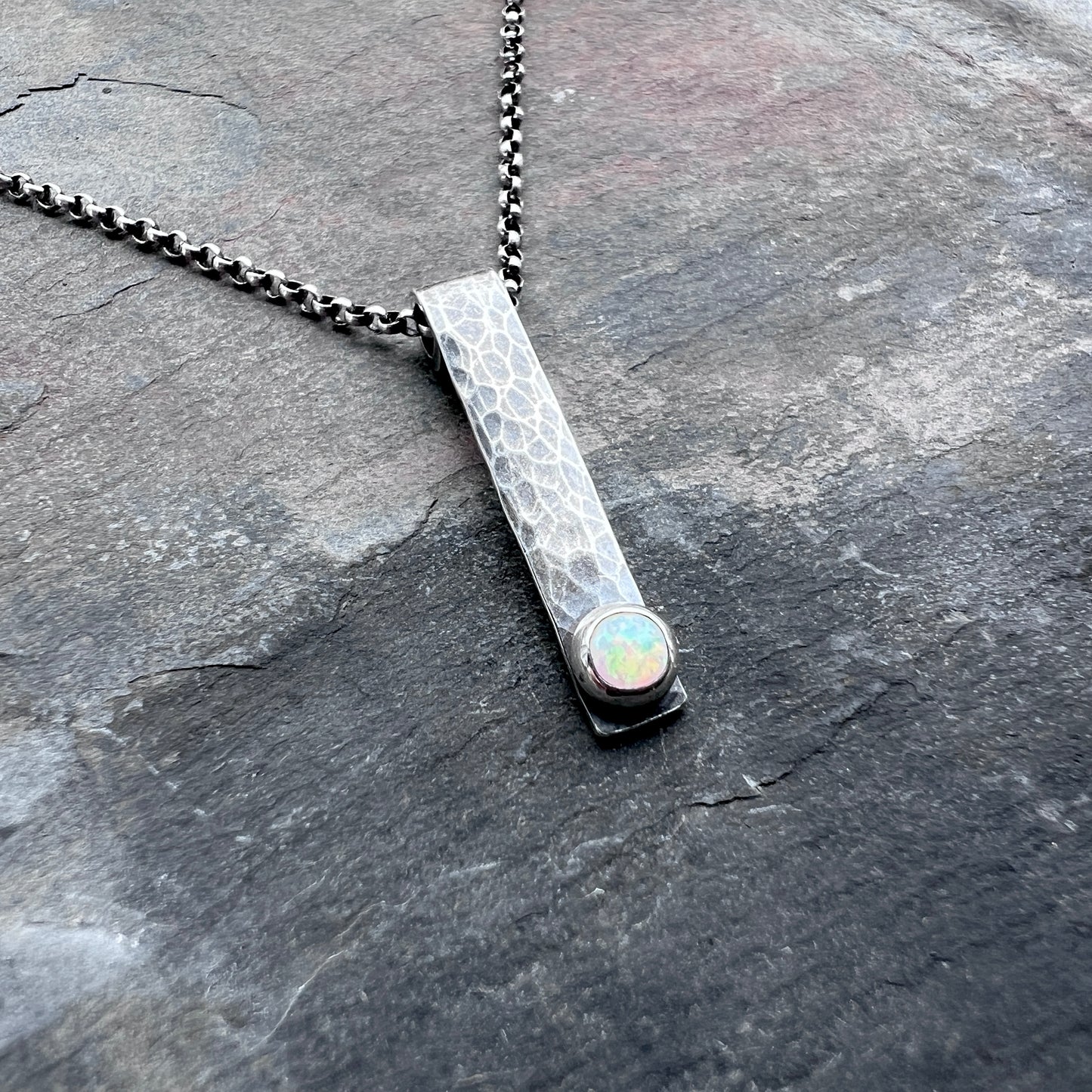 Opal and Sterling Silver Bar Necklace - Hammered Sterling Silver Bar and Simulated Opal Cabochon Pendant Necklace