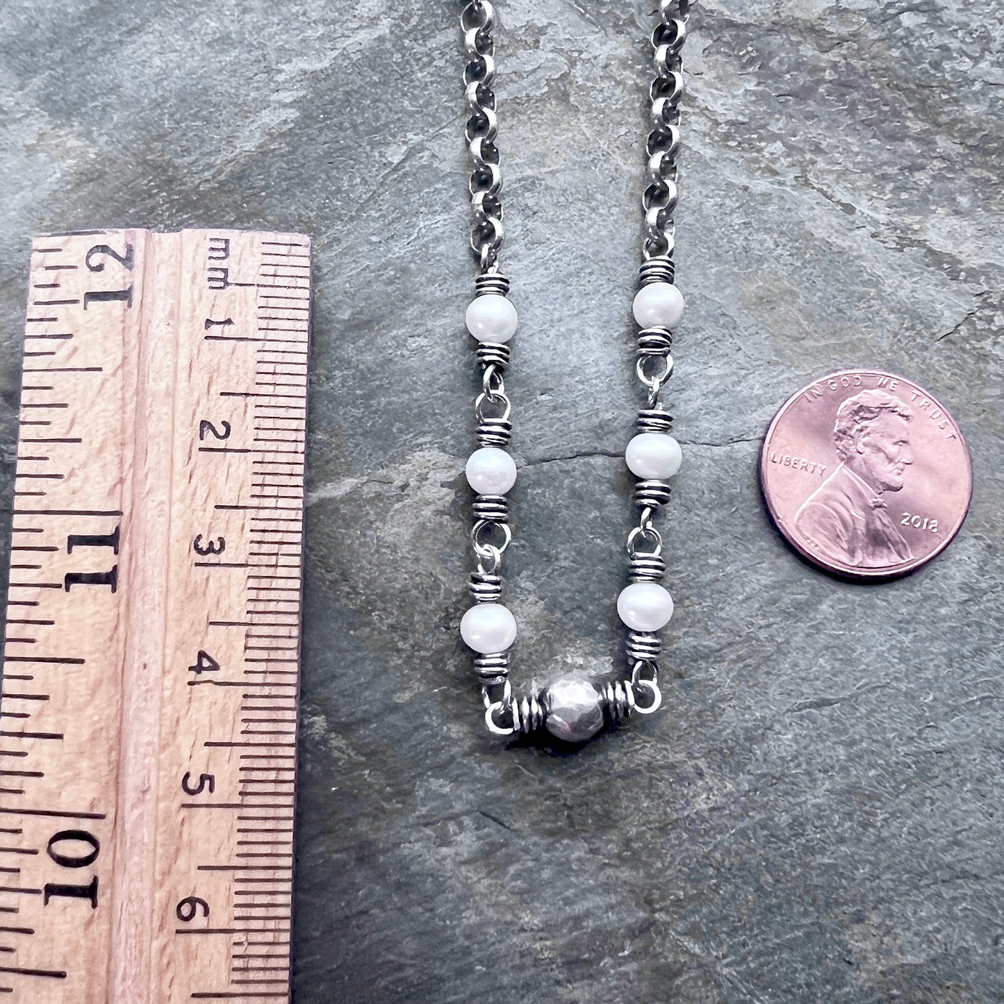 Sterling Silver Pearl Bracelet | Wire-wrapped Natural Pearl and Hammered Ball Bracelet