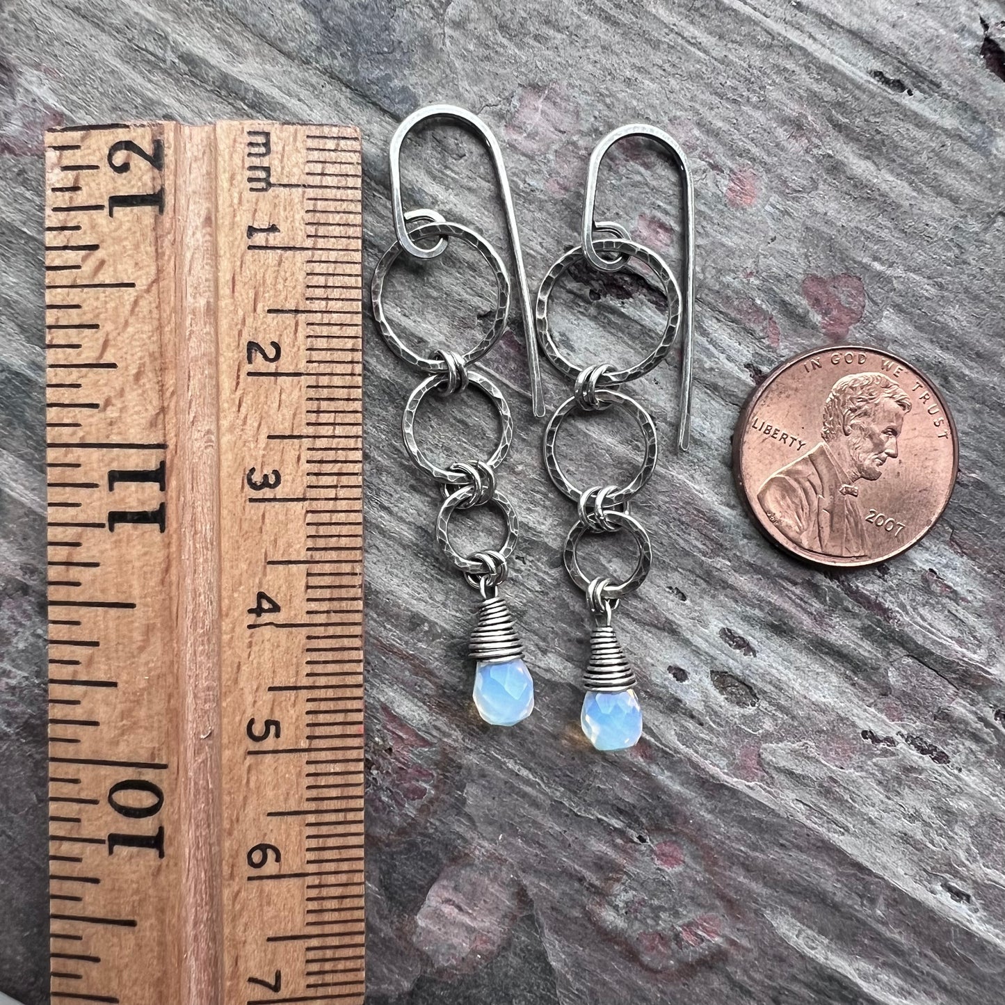 Sterling Silver Opalite Earrings | Opalite Teardrops on Hammered Rings Long Dangle Earrings