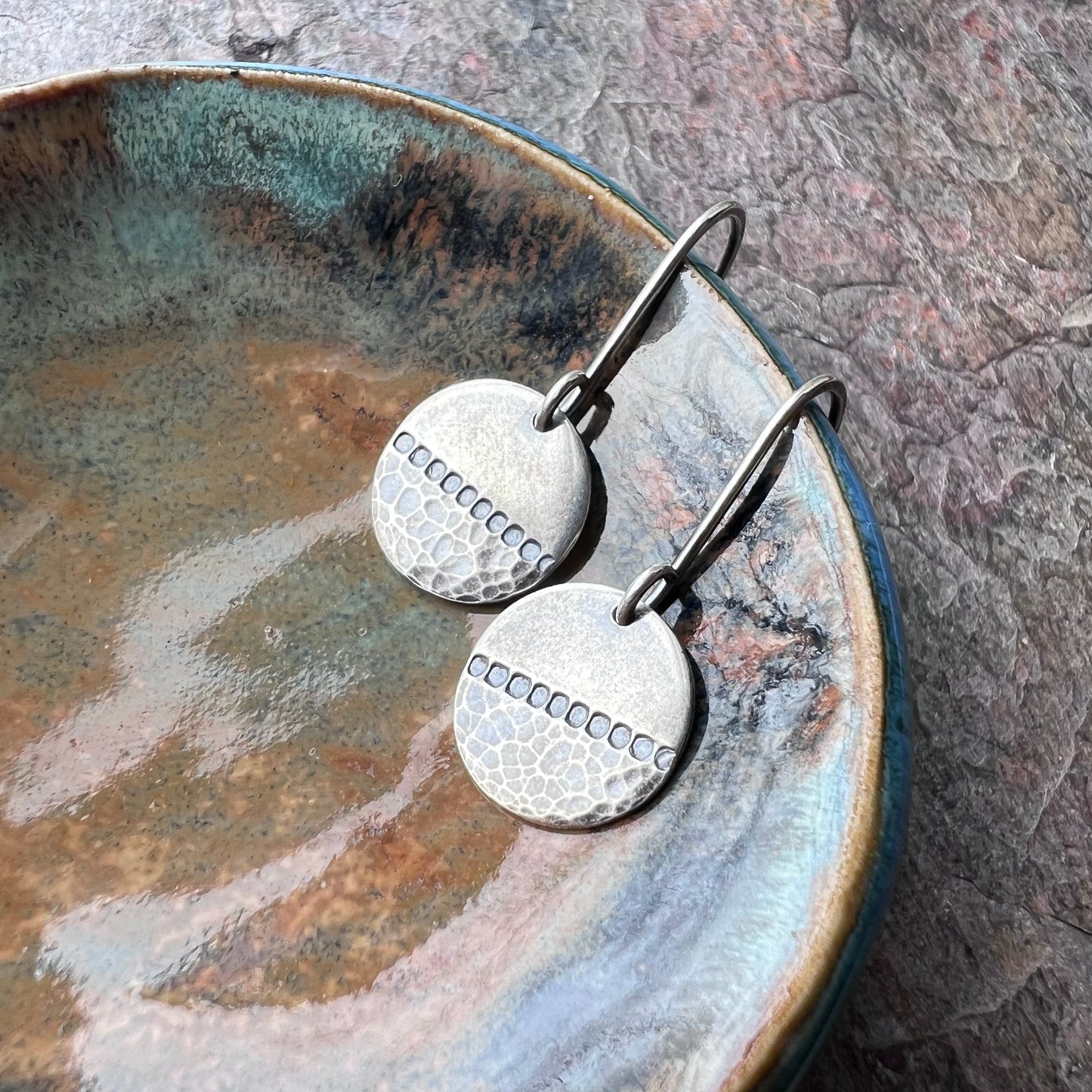 Sterling Silver Circle Earrings with Hammered and Stamped Design