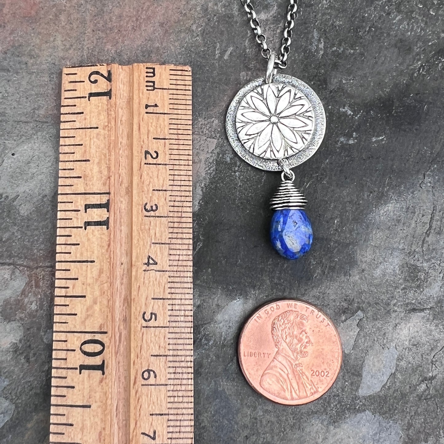 Sterling Silver Lapis Lazuli Necklace | Stamped Flower and Blue Stone Teardrop Pendant