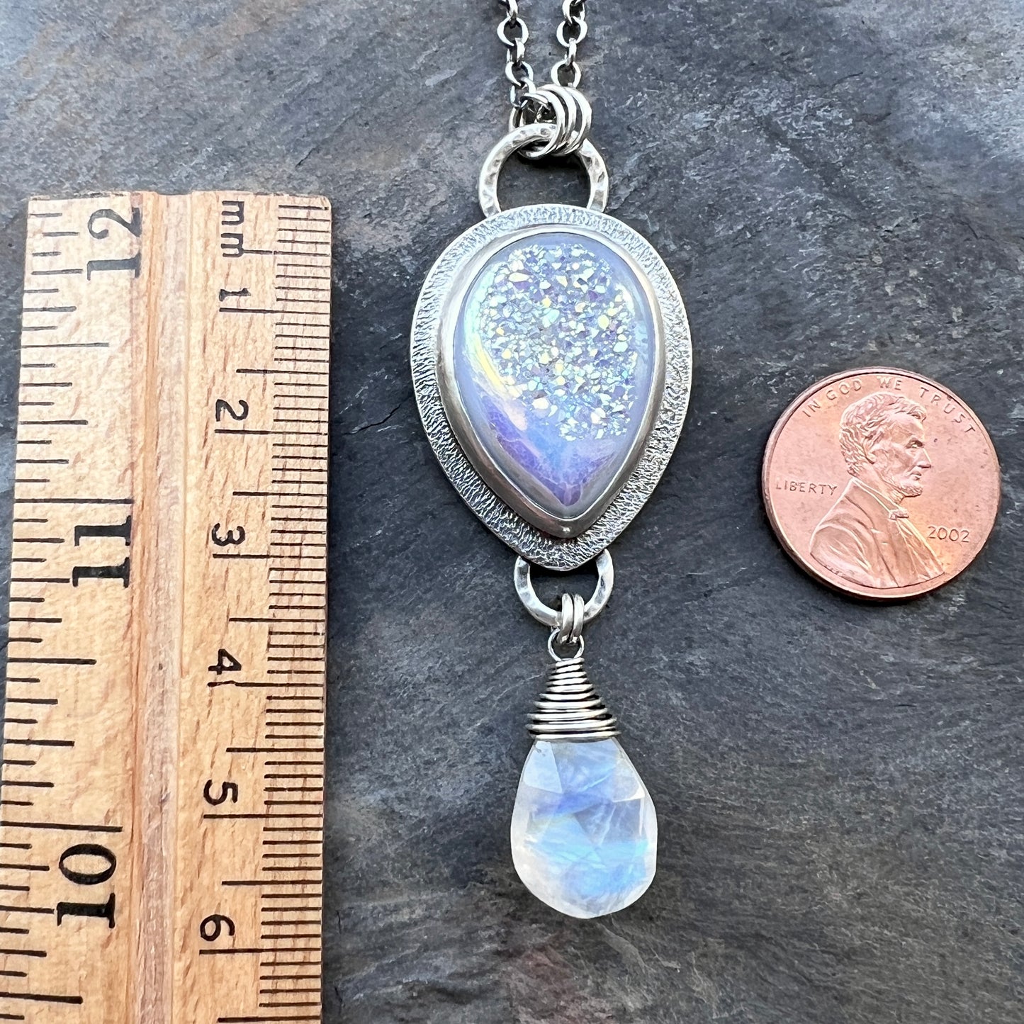 Sterling Silver Rainbow Moonstone and Druzy Necklace | Handmade One-of-a-Kind Stone Pendant