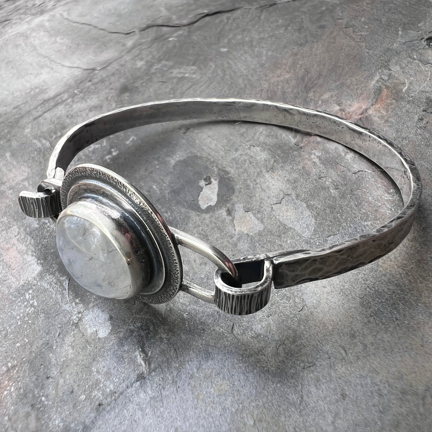 Sterling Silver Rainbow Moonstone Bracelet | Natural Stone Cabochon Silver Cuff Bracelet