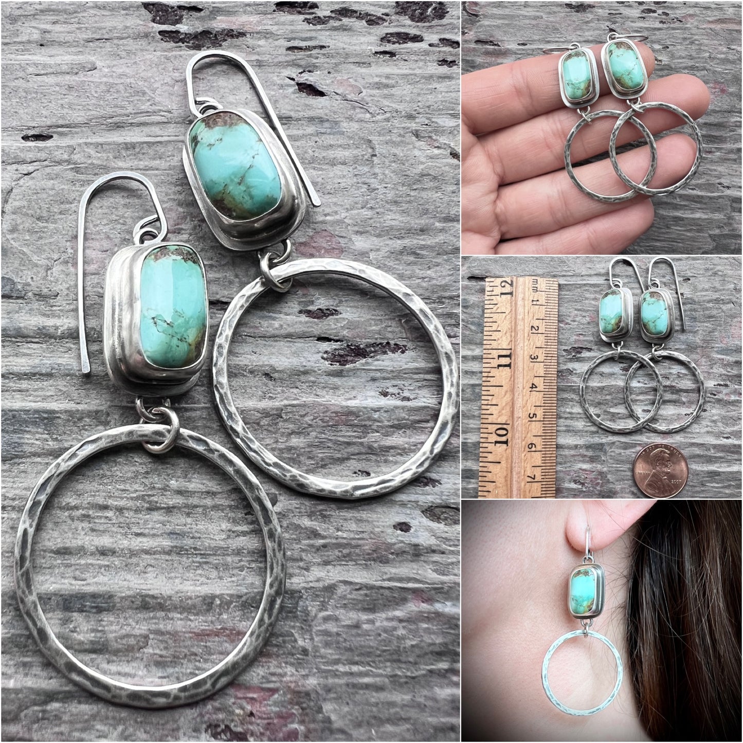 Turquoise Sterling Silver Earrings | Genuine Natural Turquoise and Hammered Hoops