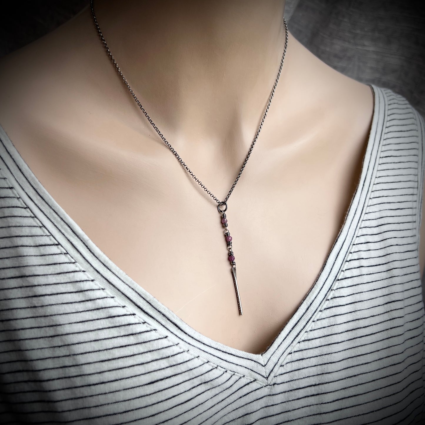 Customizable Sterling Silver Birthstone Necklace | Genuine Gemstone and Dainty Hammered Bar Pendant