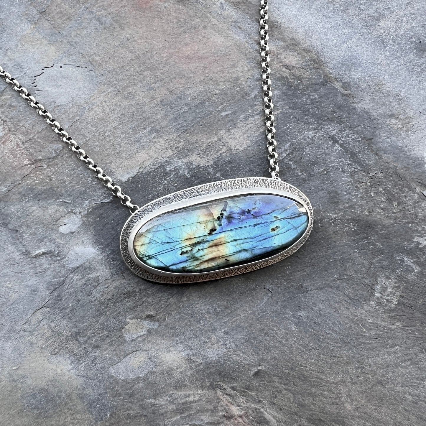 Sterling Silver Labradorite Necklace | Natural Stone Wide Oval Pendant