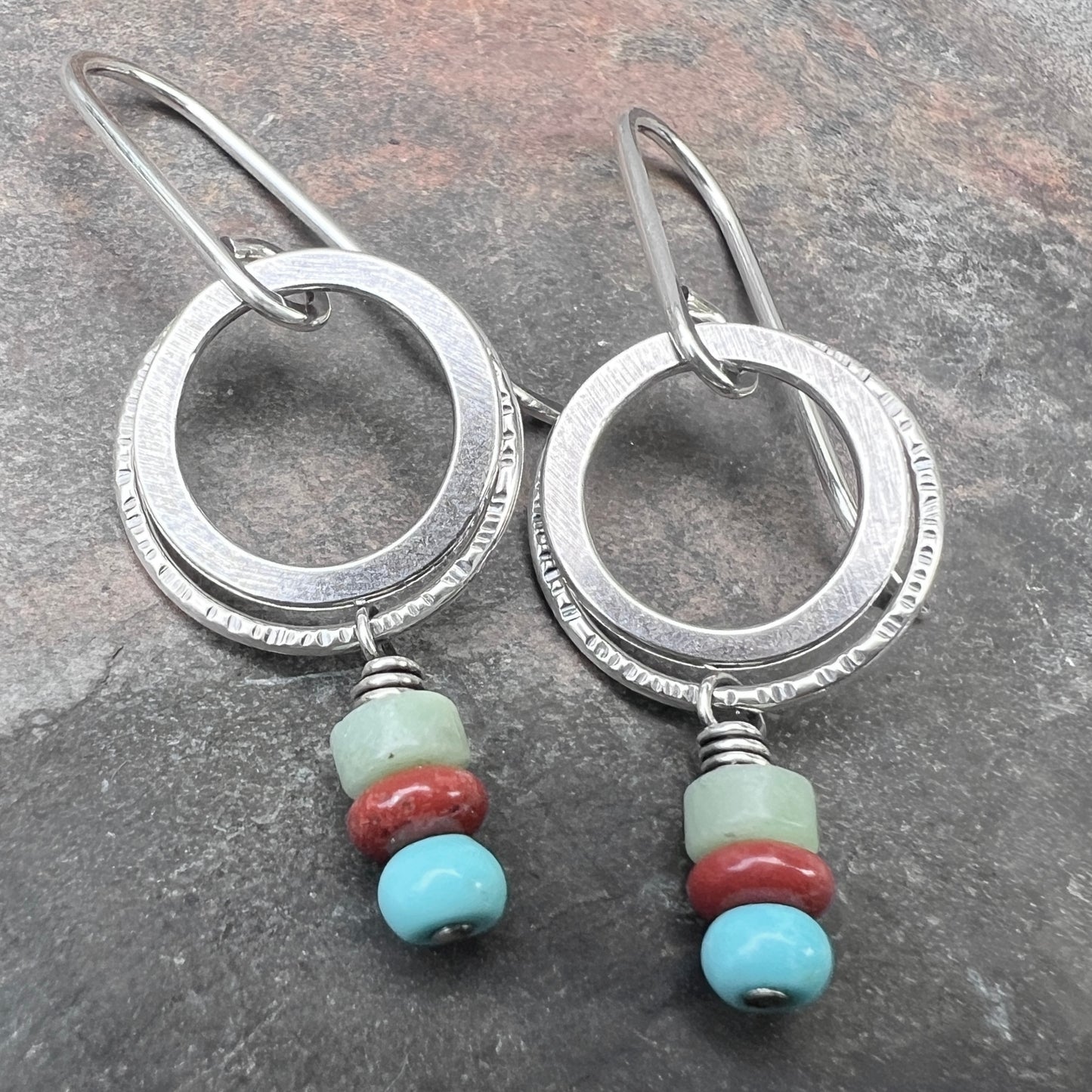Sterling Silver Natural Stone Earrings | Turquoise, Jasper, and Chrysoprase on Small Hoop Dangles