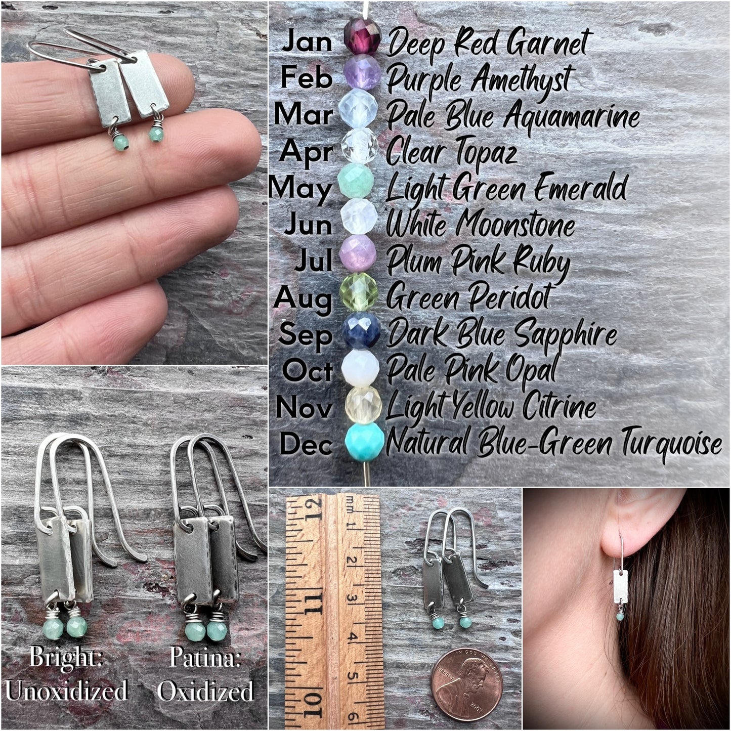 Customizable Sterling Silver Birthstone Earrings | Tiny Genuine Gemstone on Small Silver Bar Dangle Earrings